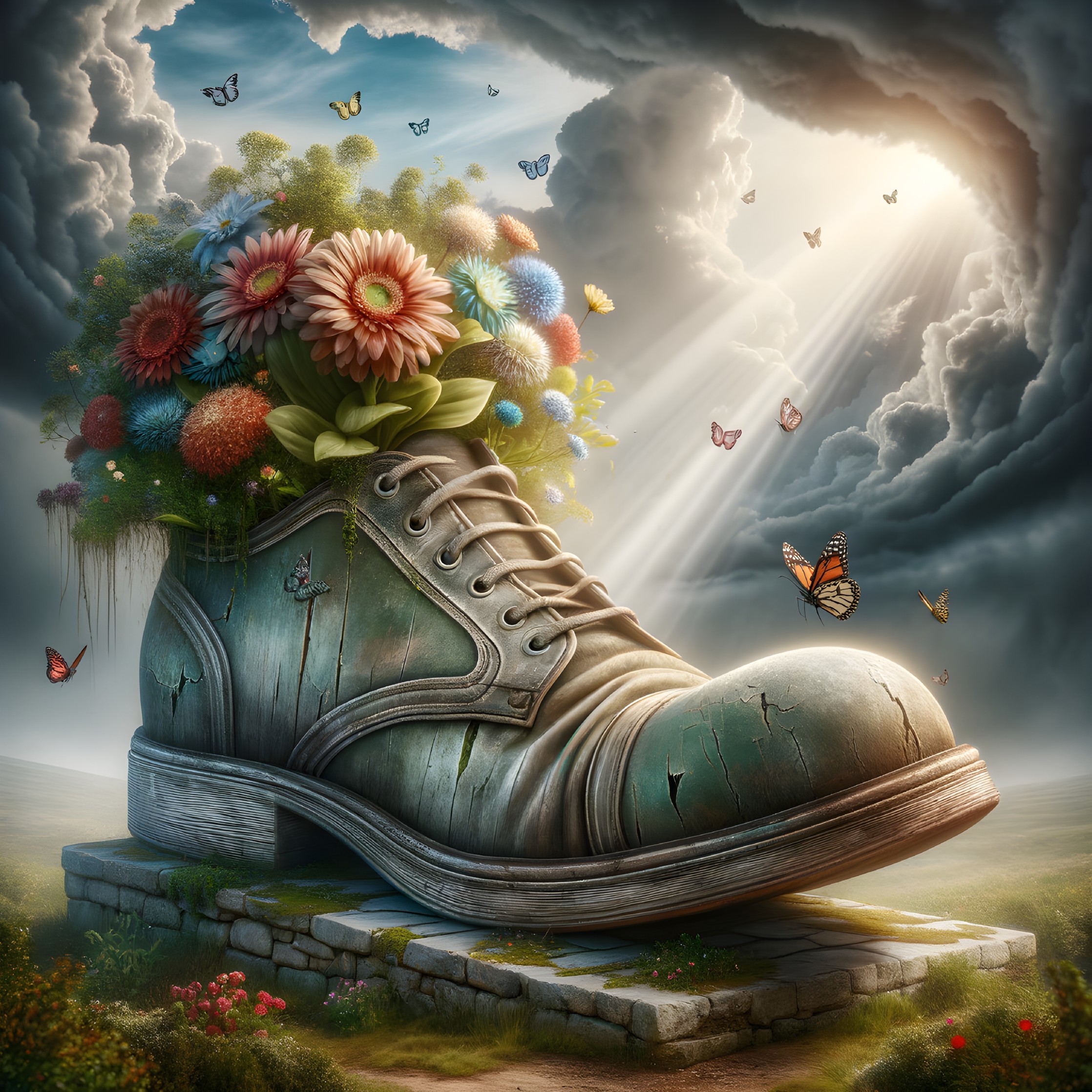 Giant Boot on Pedestal Surrounded by Flowers and Butterflies