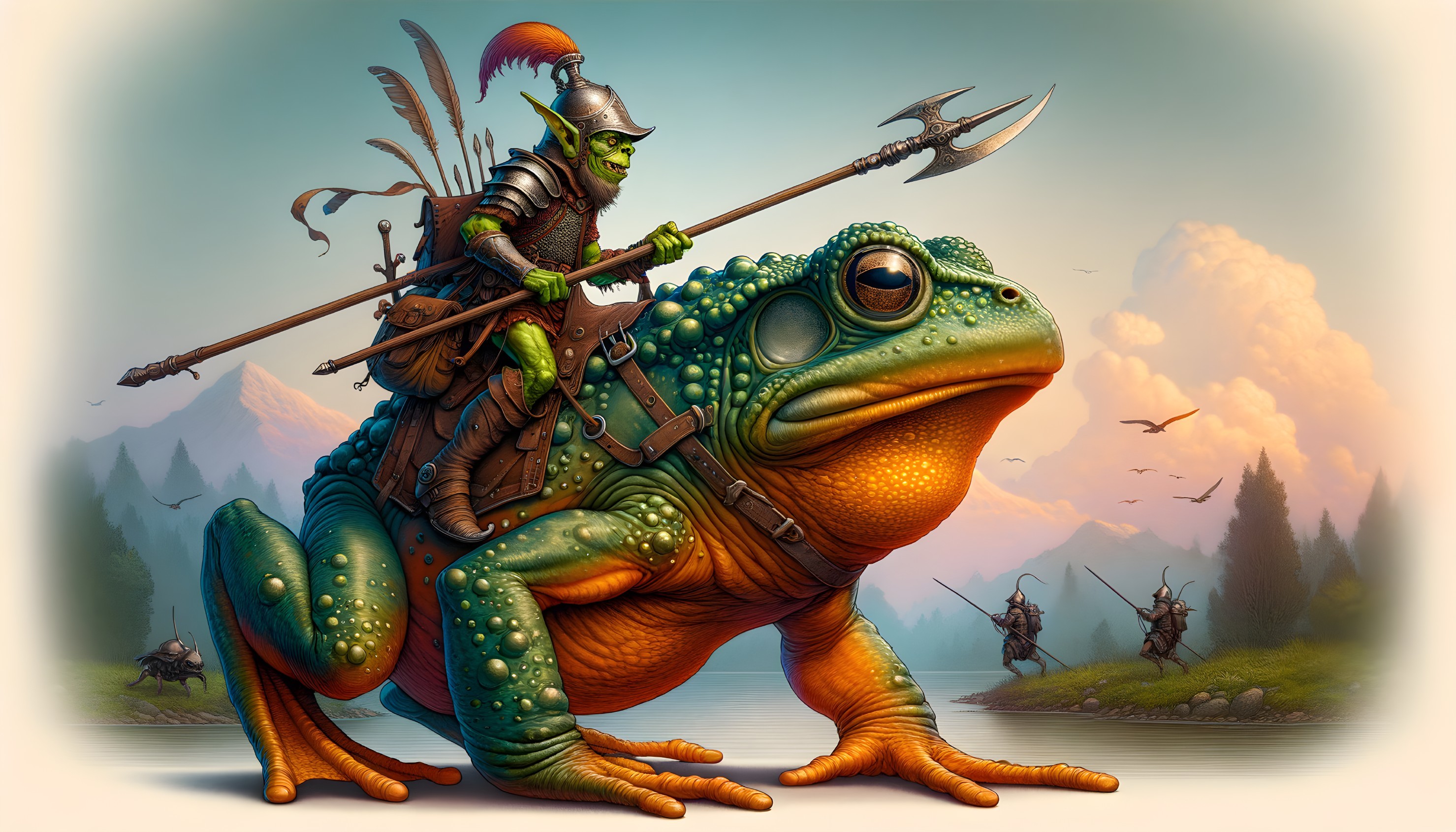 Armored Goblin Warrior Riding Colorful Frog by Lake