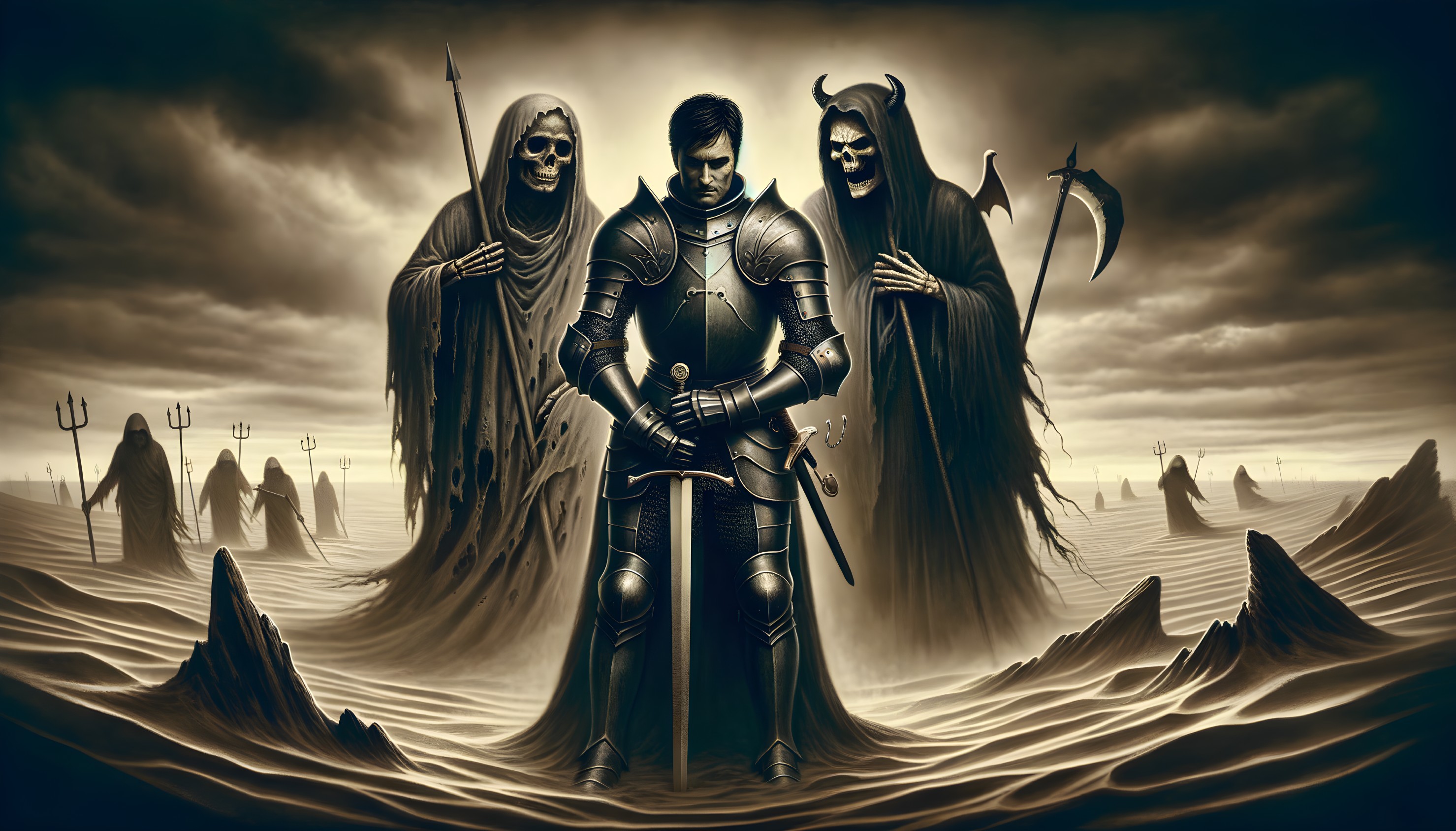 Knight standing between two cloaked figures in a desolate, eerie landscape