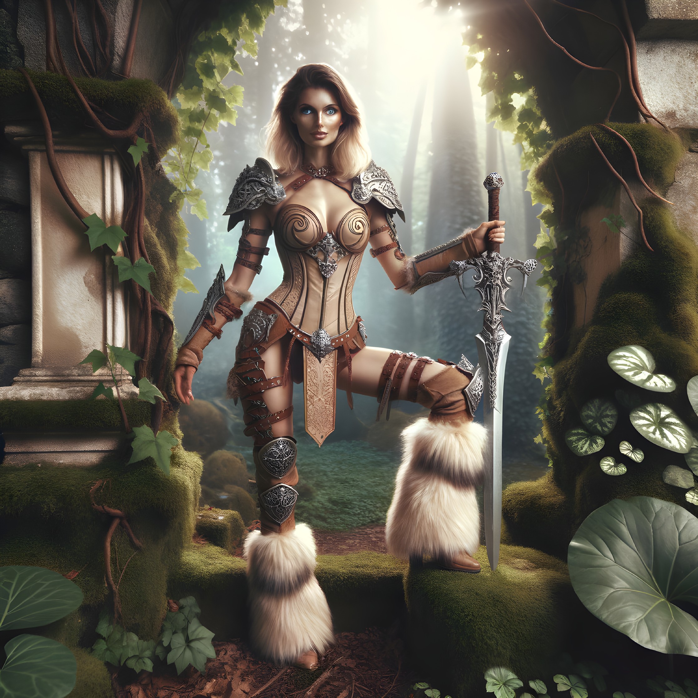 Fierce Warrior in Mystical Forest with Gleaming Sword