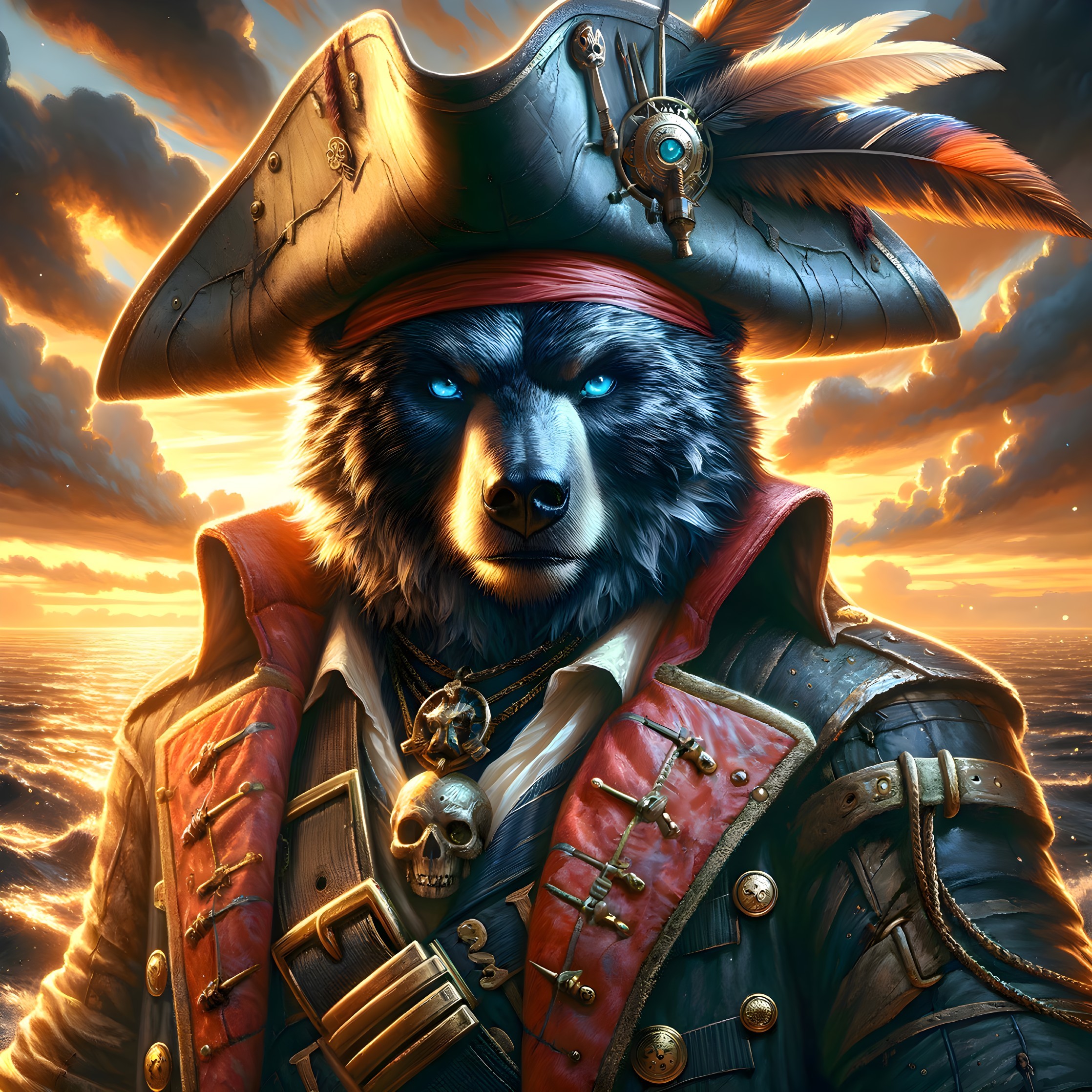 Anthropomorphic pirate bear against sunset at sea