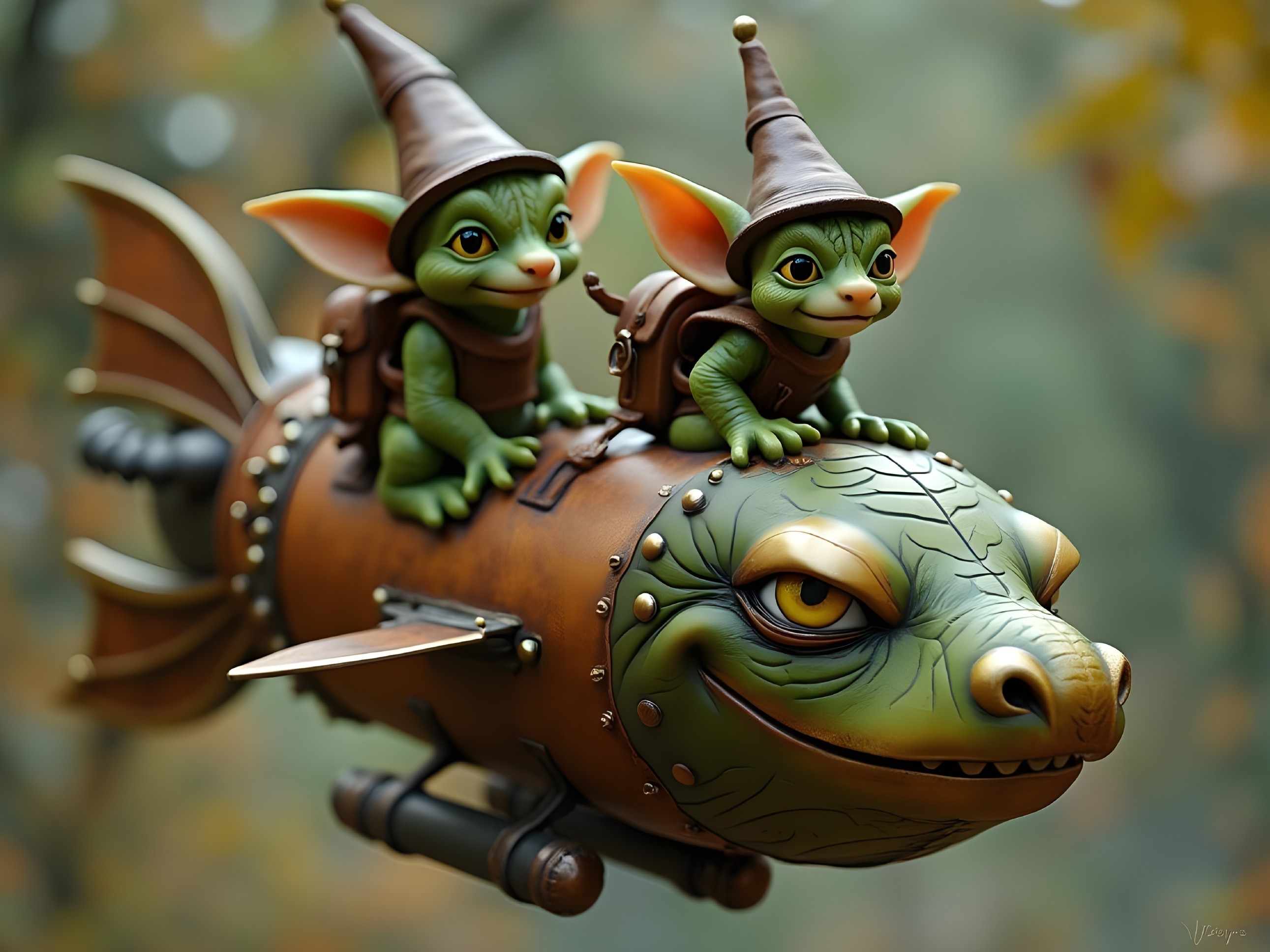 Whimsical Green Creatures on a Dragon-Shaped Rocket