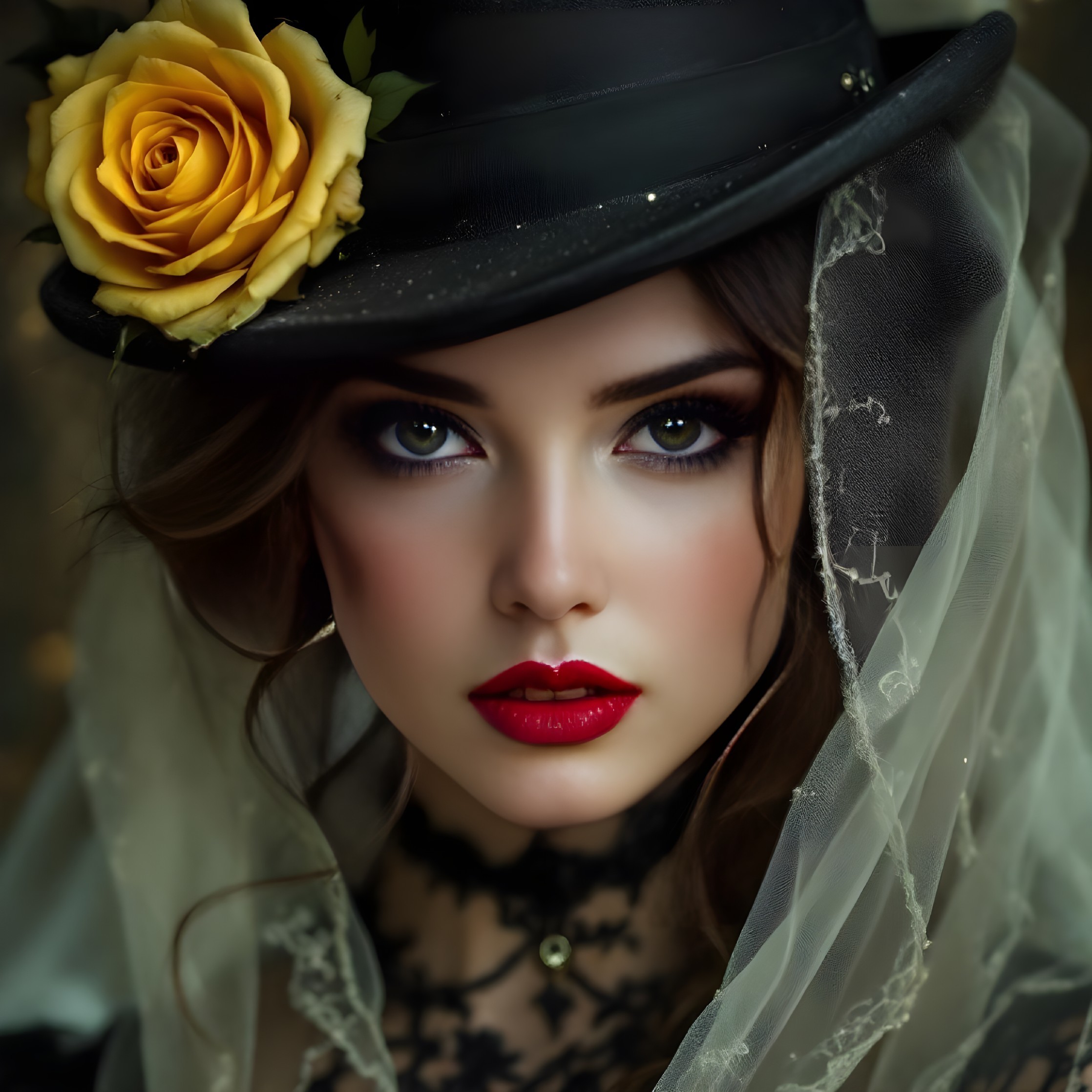 Elegant Woman in Black Hat with Yellow Rose and Veil
