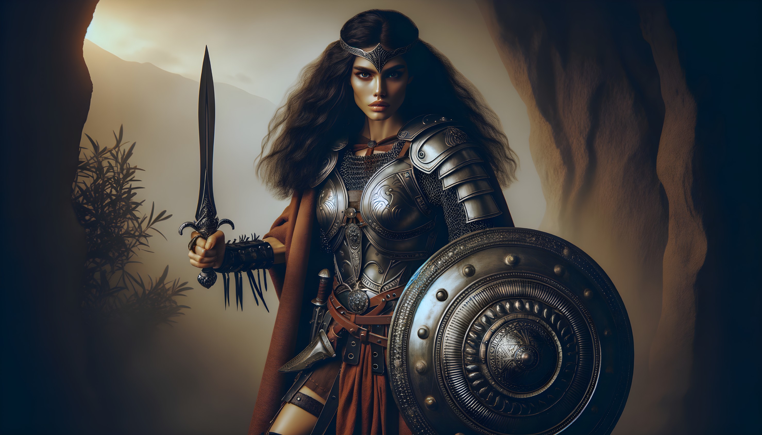 Fierce Warrior in Intricate Armor with Sword and Shield