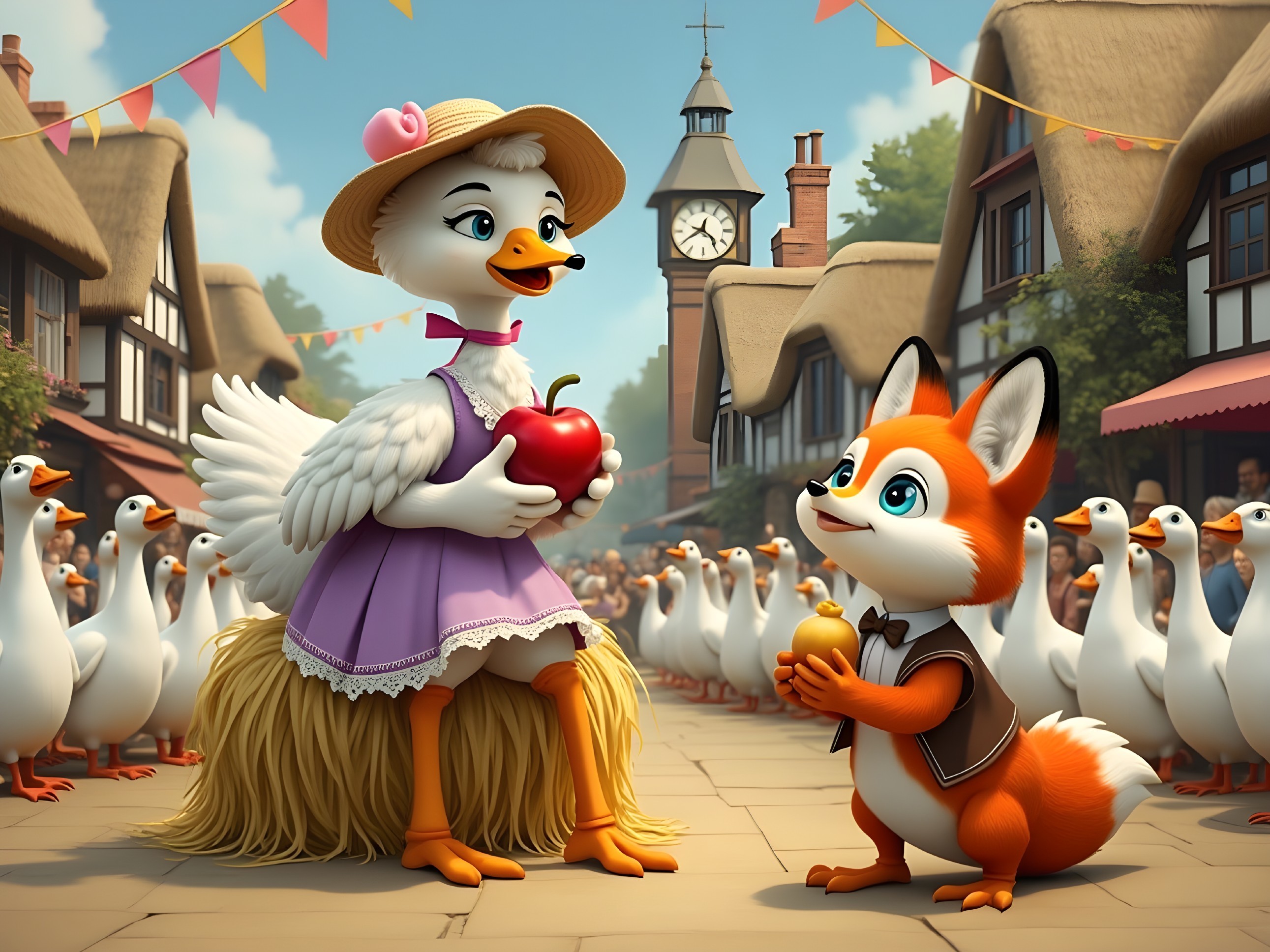Goose and Fox in Village Square with Apple and Ice Cream