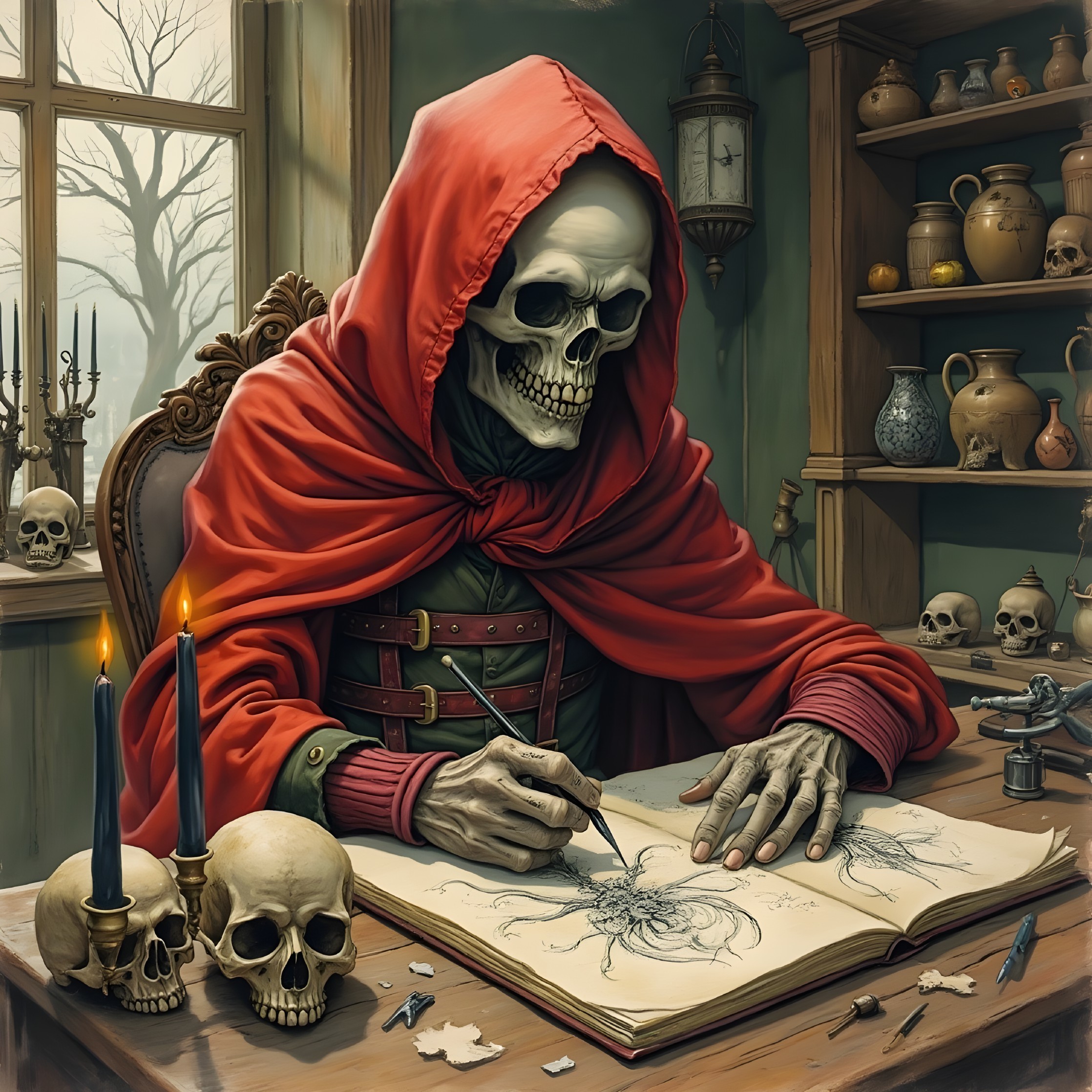 Skeletal Figure in Crimson Robe Sketches in Dim Room
