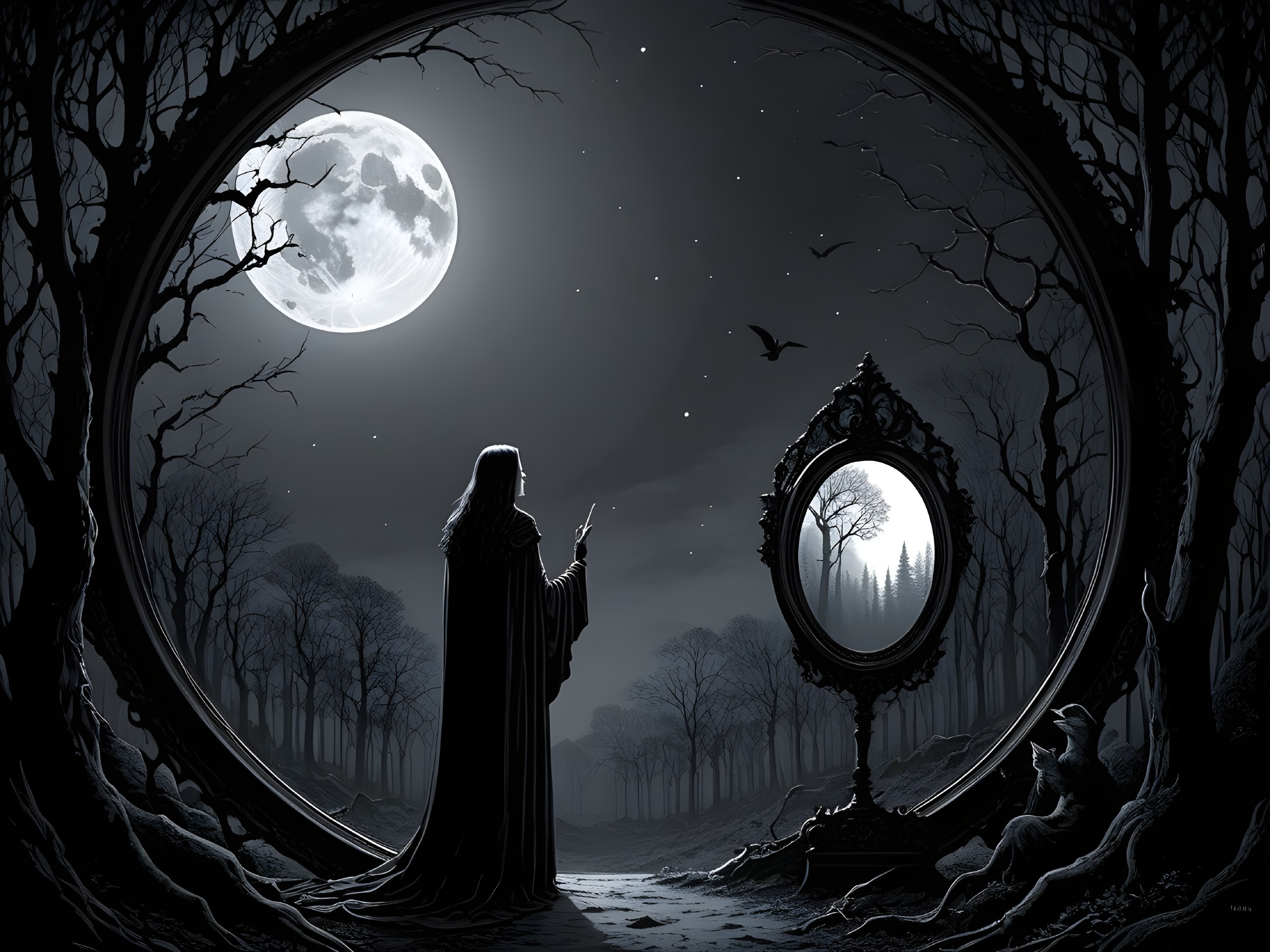 Mysterious Figure in Cloak by Ornate Mirror in Forest