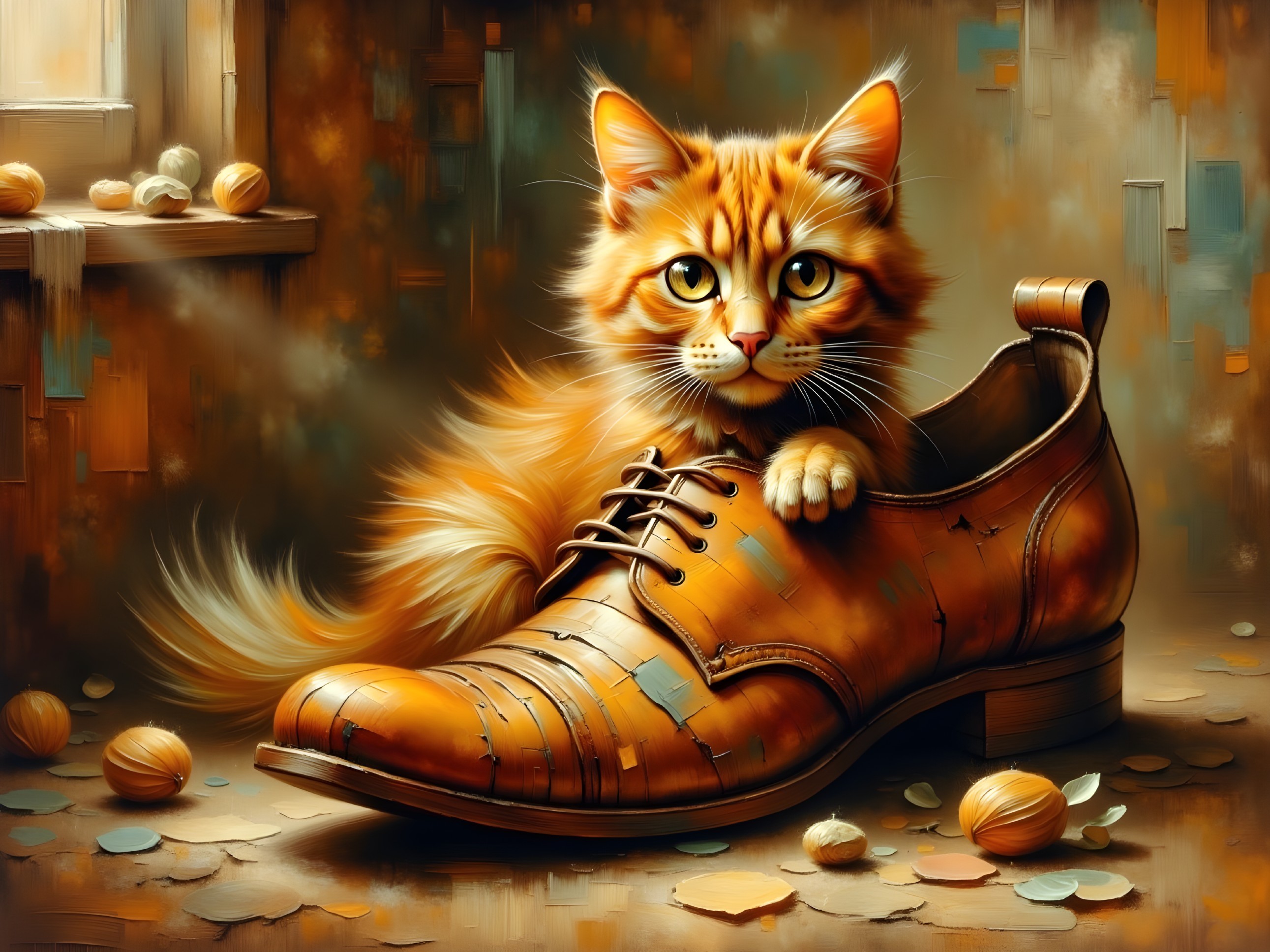 Orange Tabby Cat in Vintage Leather Shoe in Cozy Room