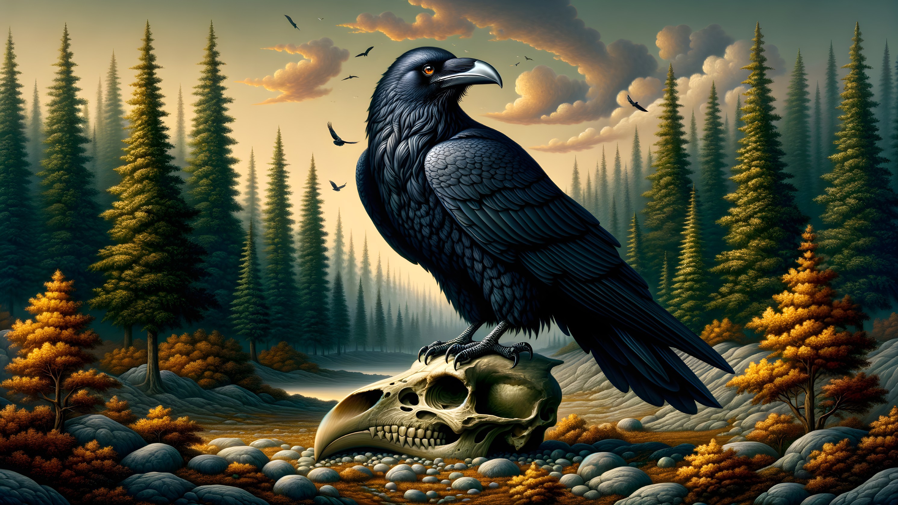 Raven on Skull in Serene Forest Landscape