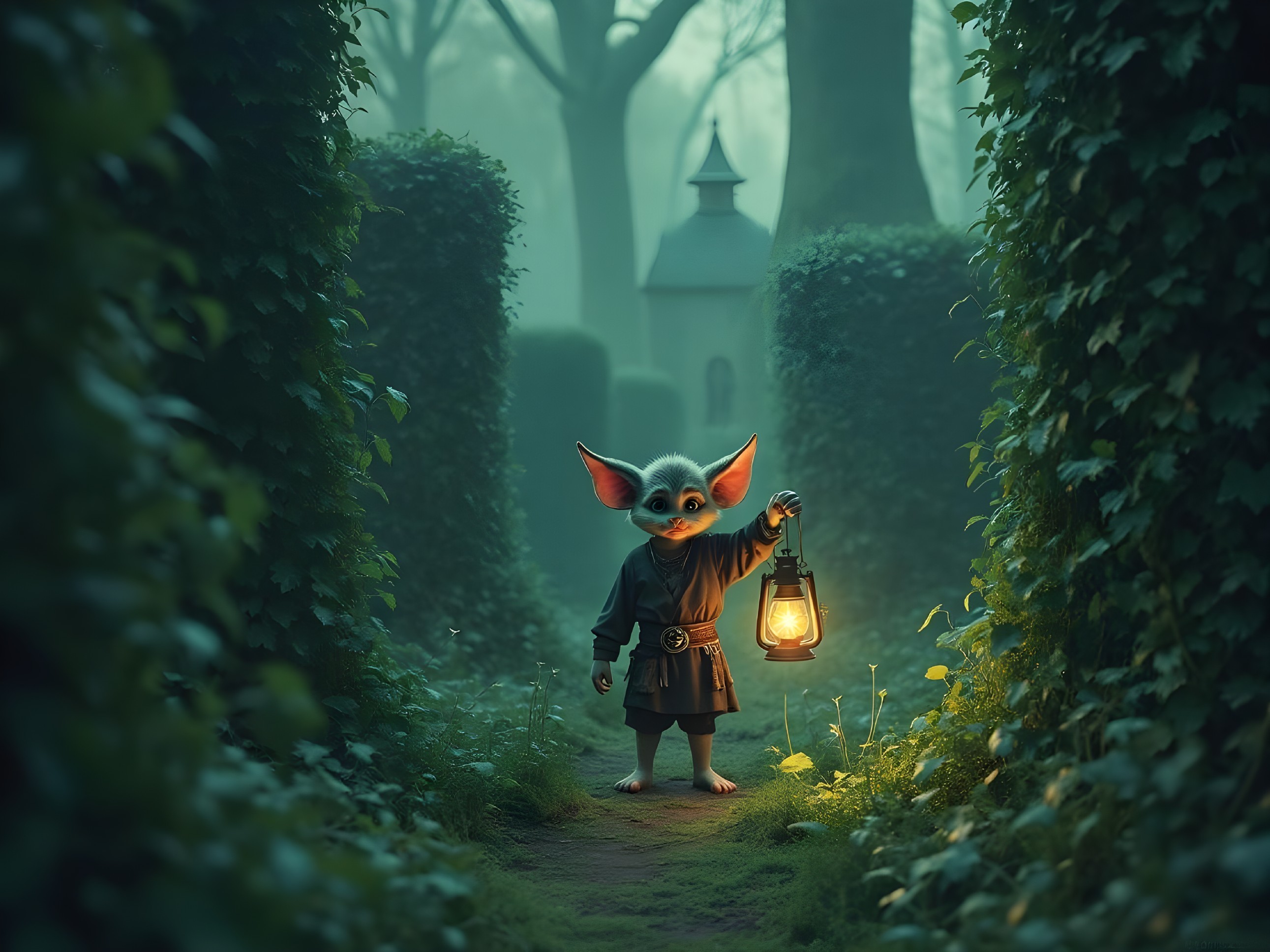 Mystical Creature with Lantern in Enchanted Forest