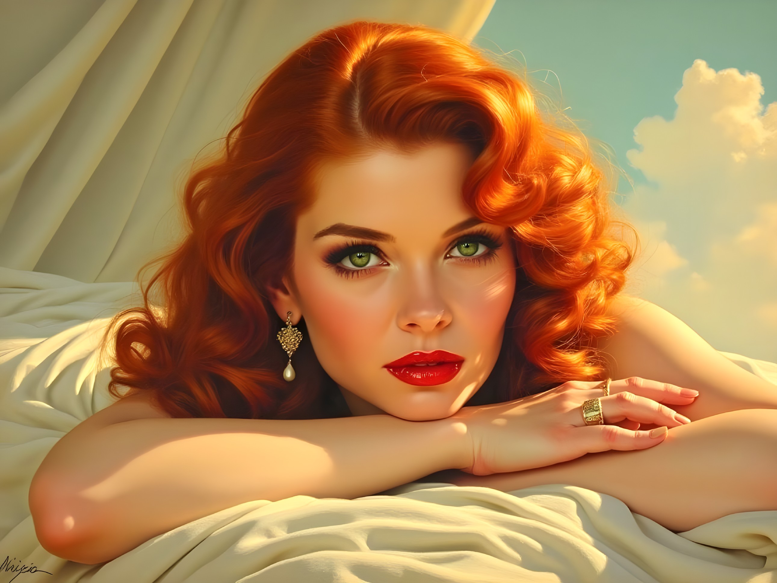 Portrait of a woman with red curls and green eyes