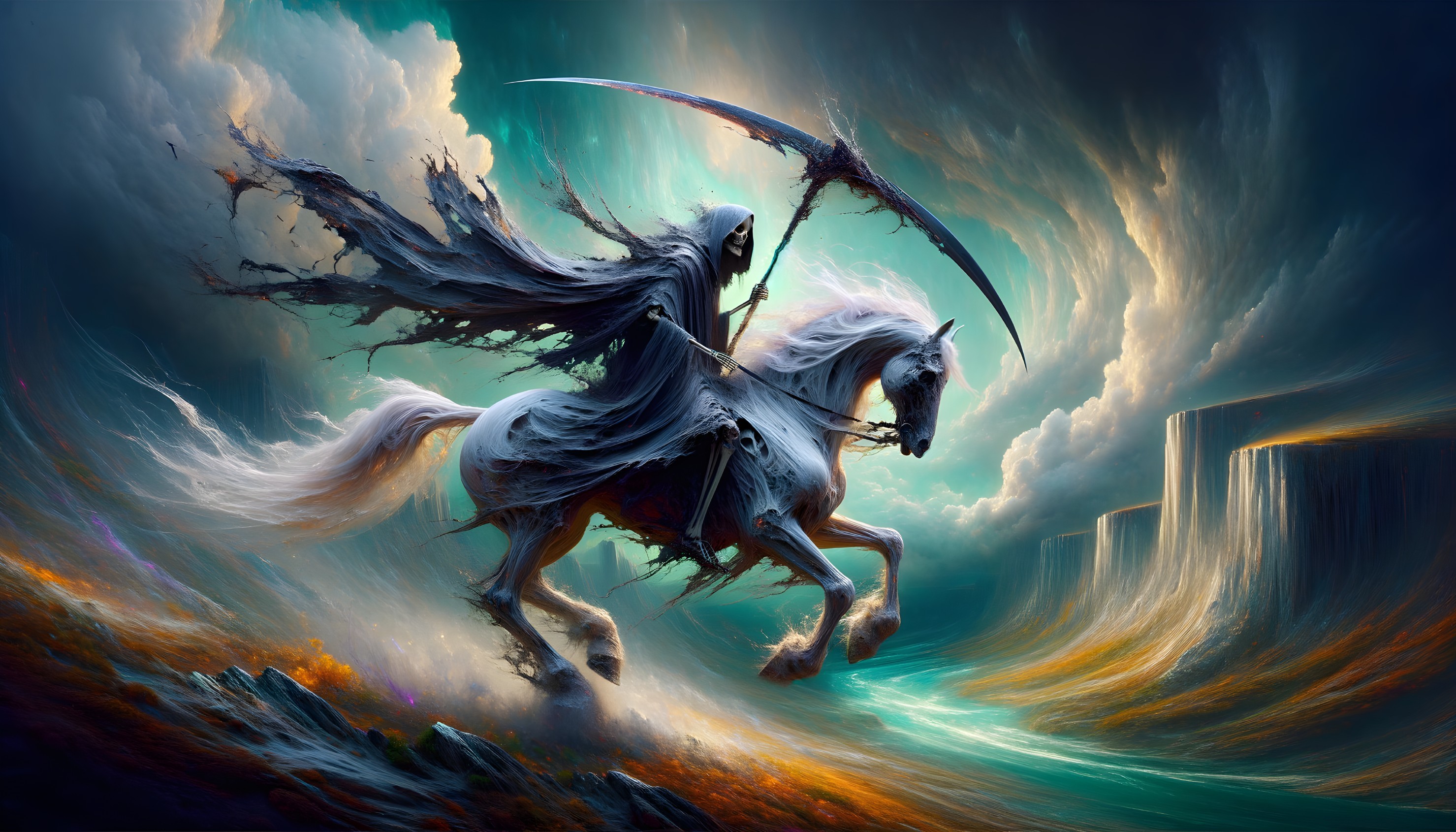 Hooded Figure on White Horse with Scythe and Clouds