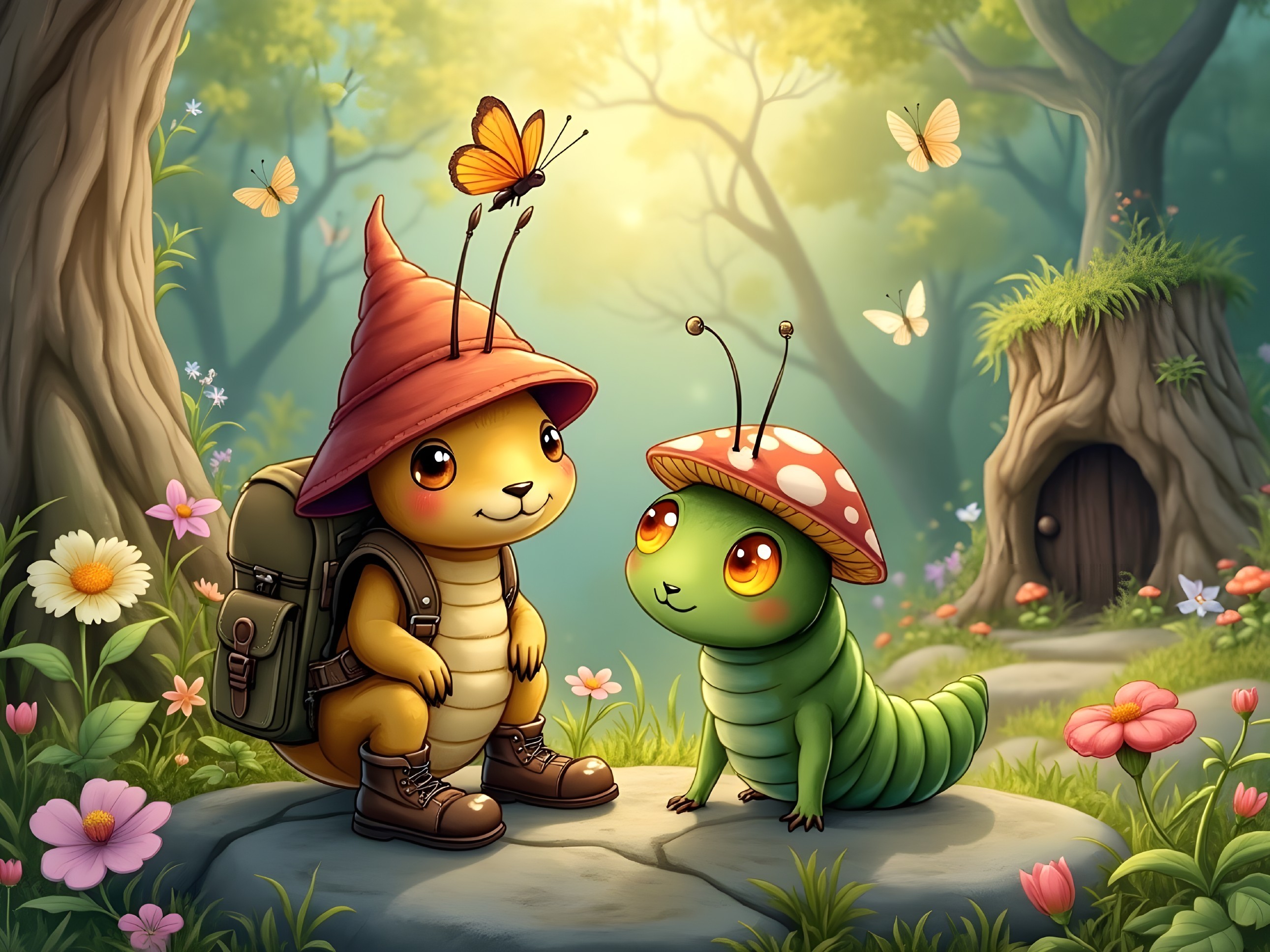 Whimsical Forest Scene with Turtle and Caterpillar