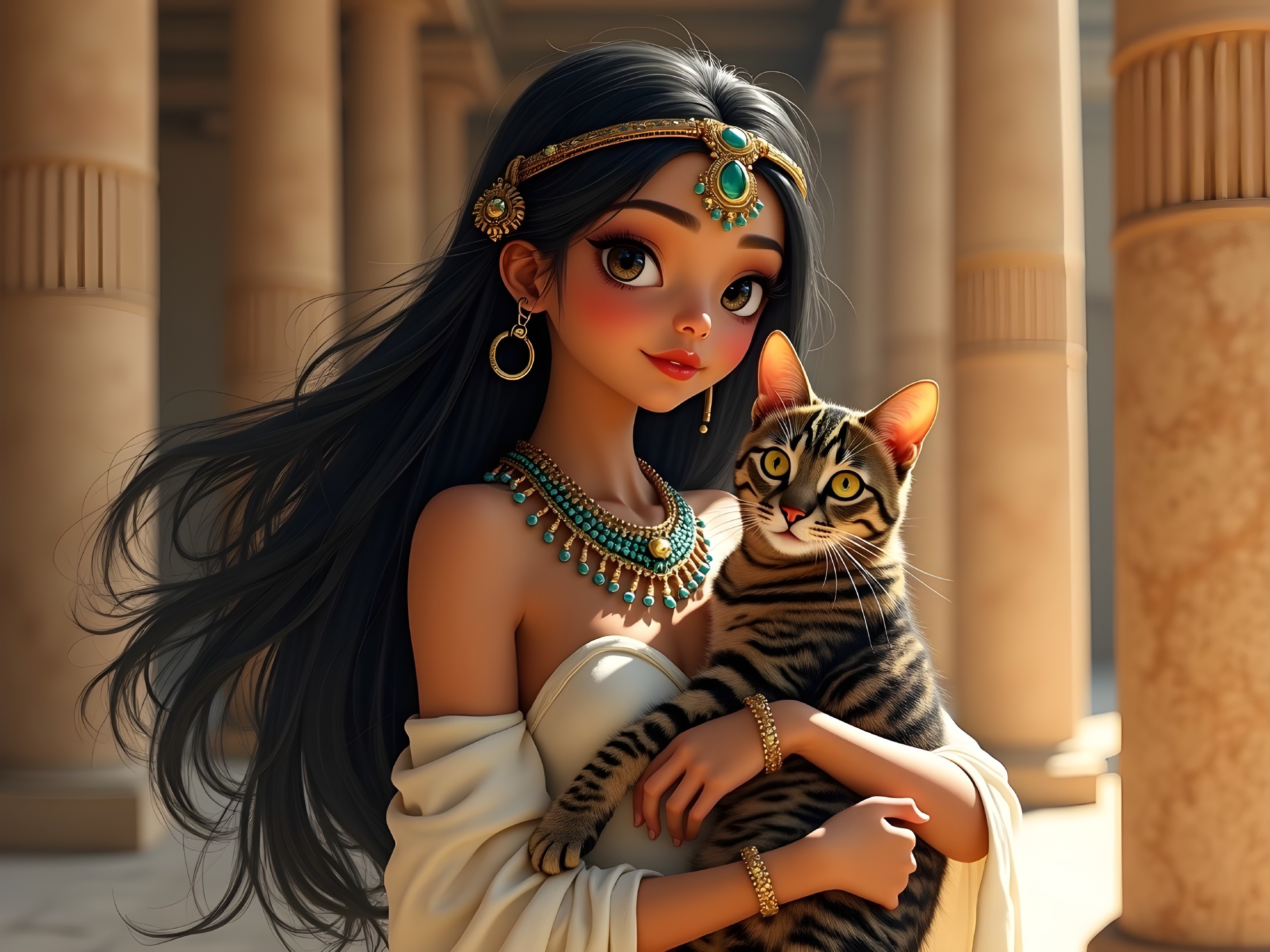 Young woman with cat in ornate setting and jewelry