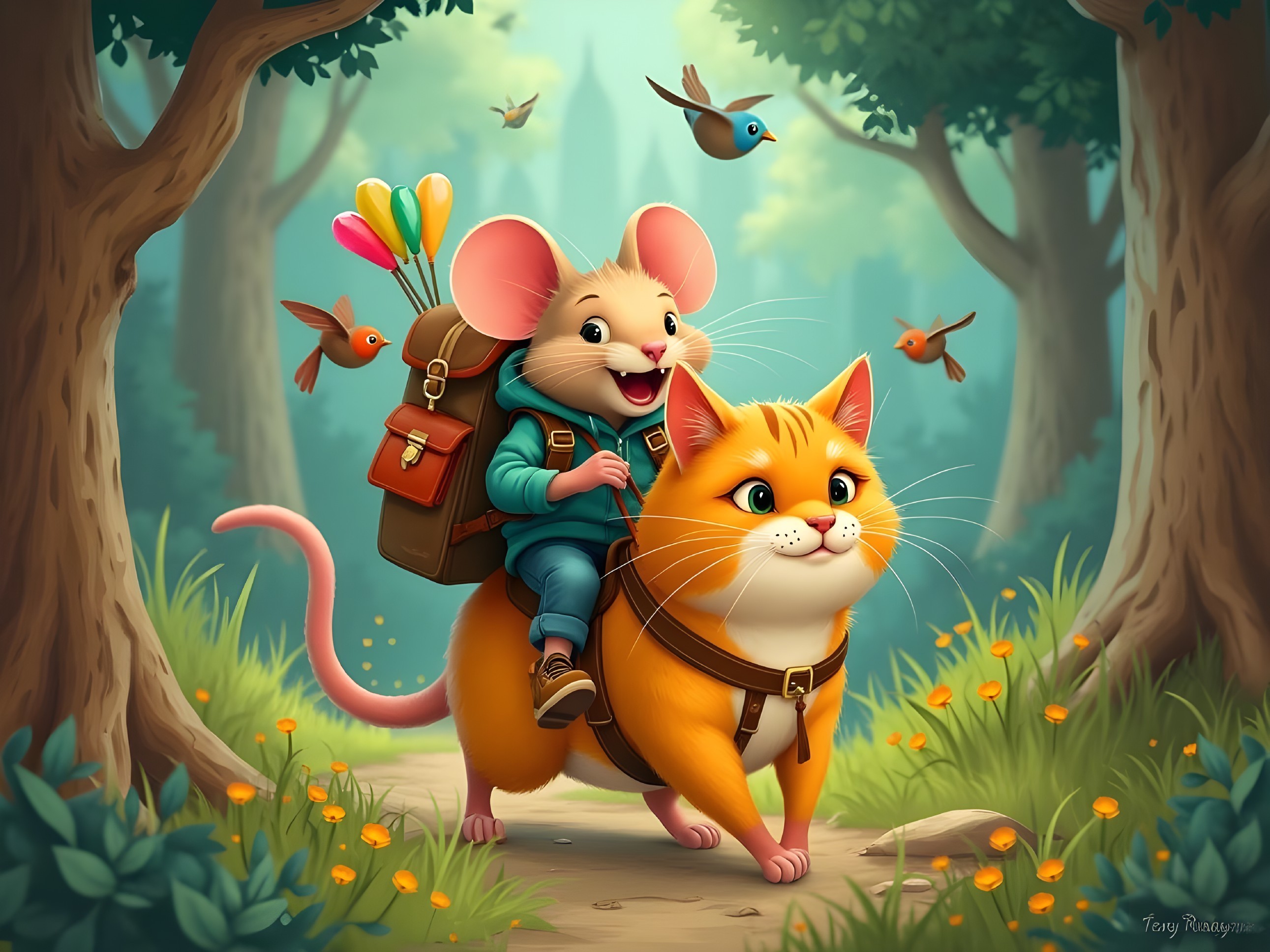 Cheerful Mouse and Cat in a Whimsical Forest Scene