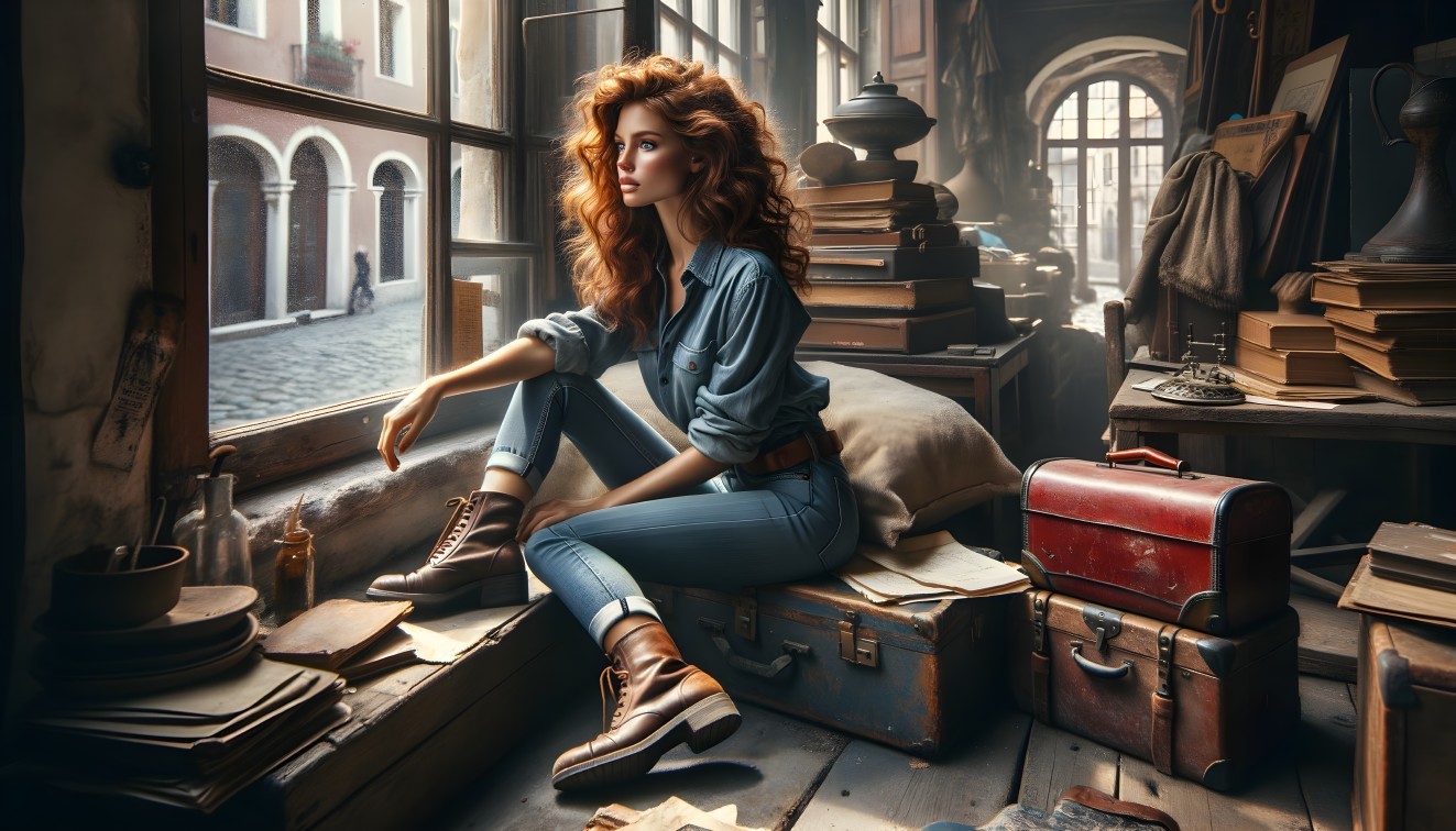 Young woman with curly hair in a cozy room setting