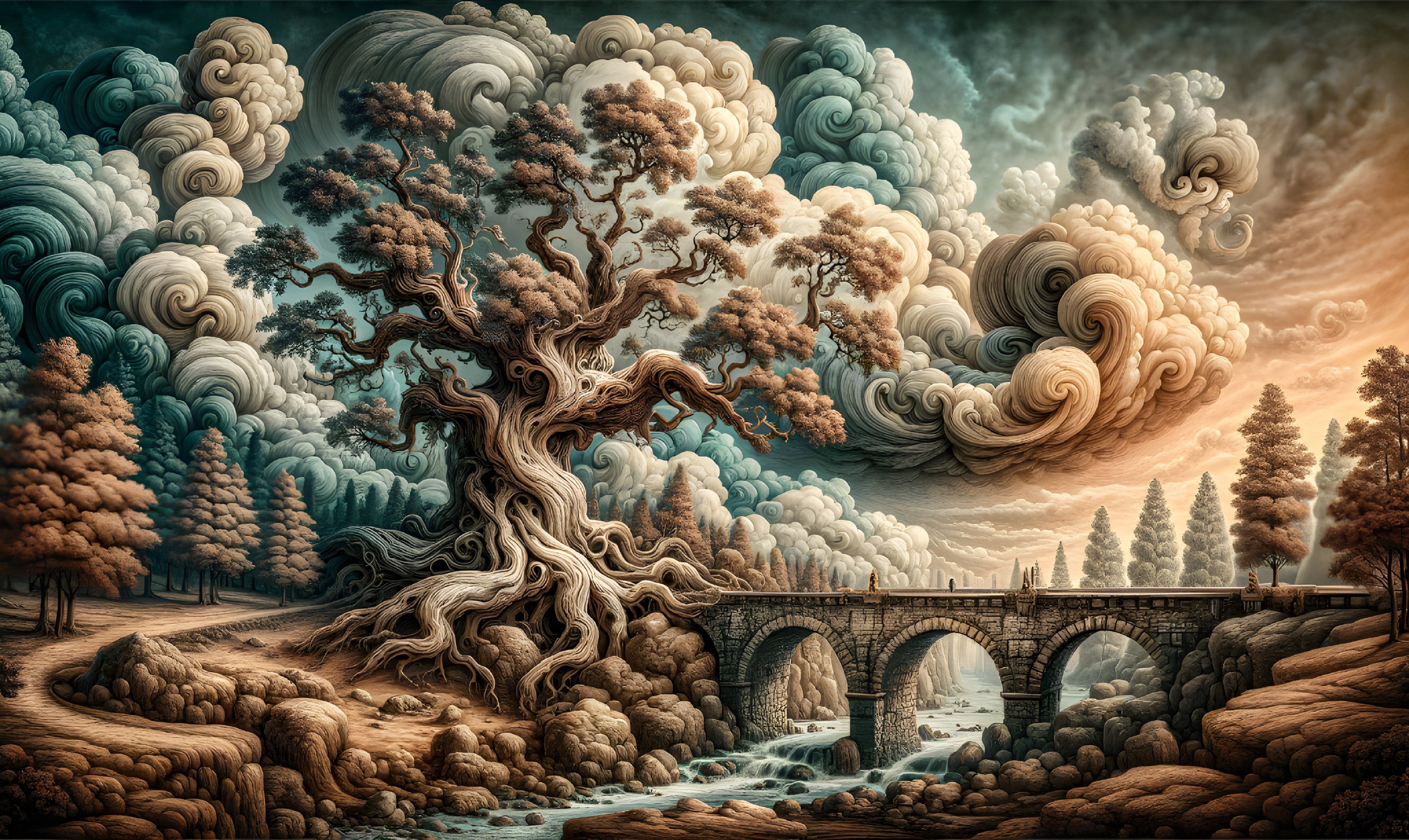 Twisted tree landscape with cloud-like foliage and stone bridge