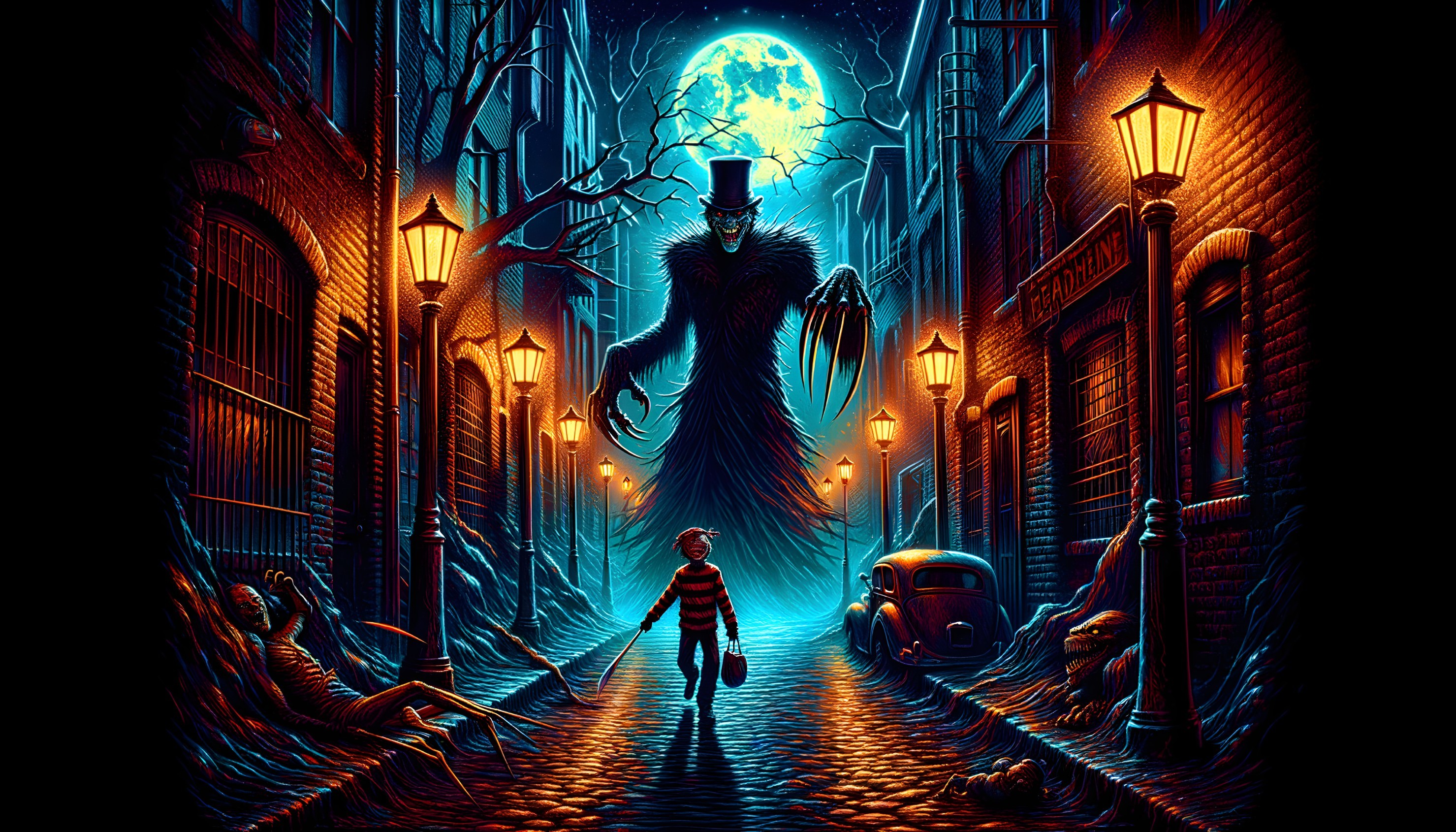 Dark Atmospheric Street Scene with Gas Lamps and Shadows