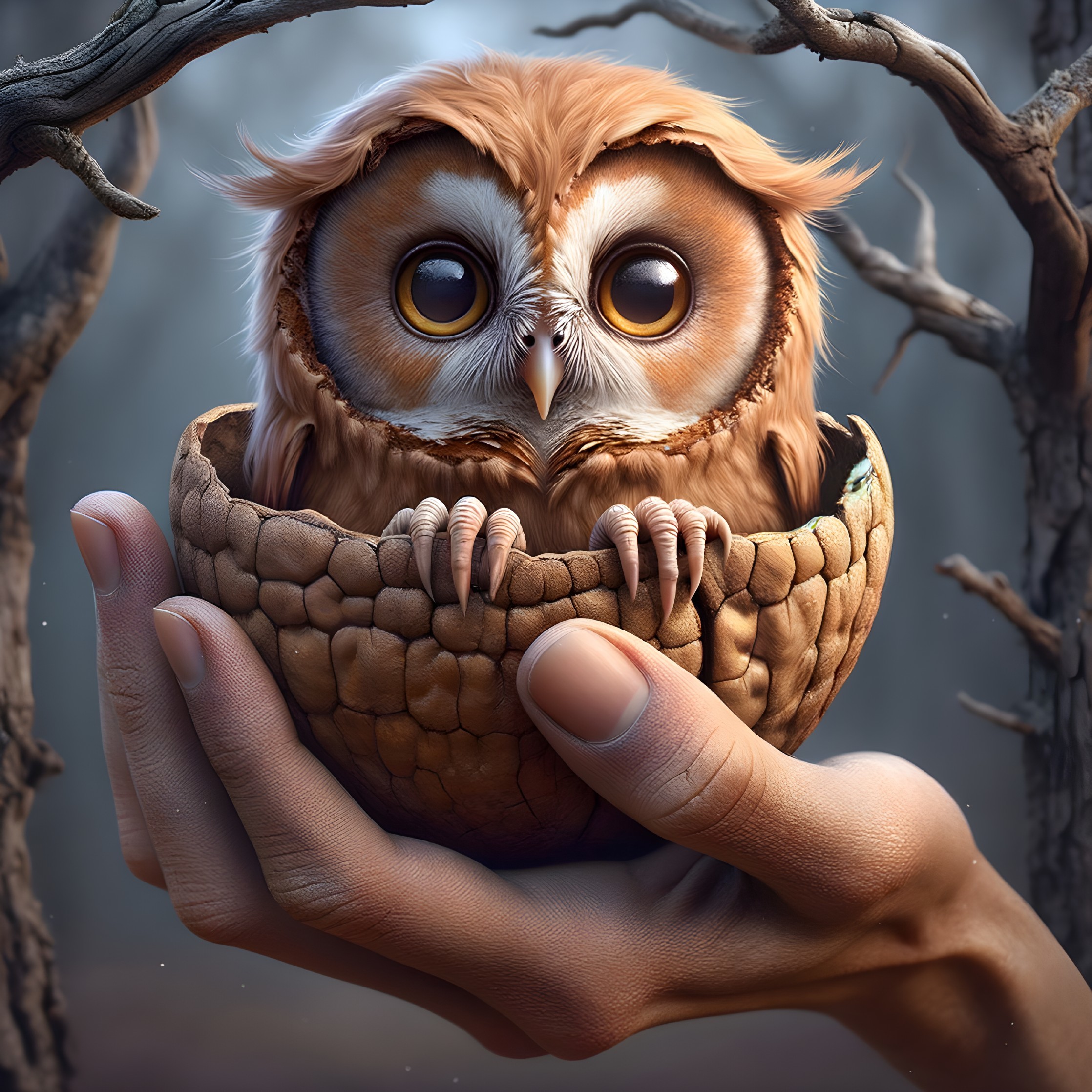 Tiny owl in a nut shell amidst a moody forest