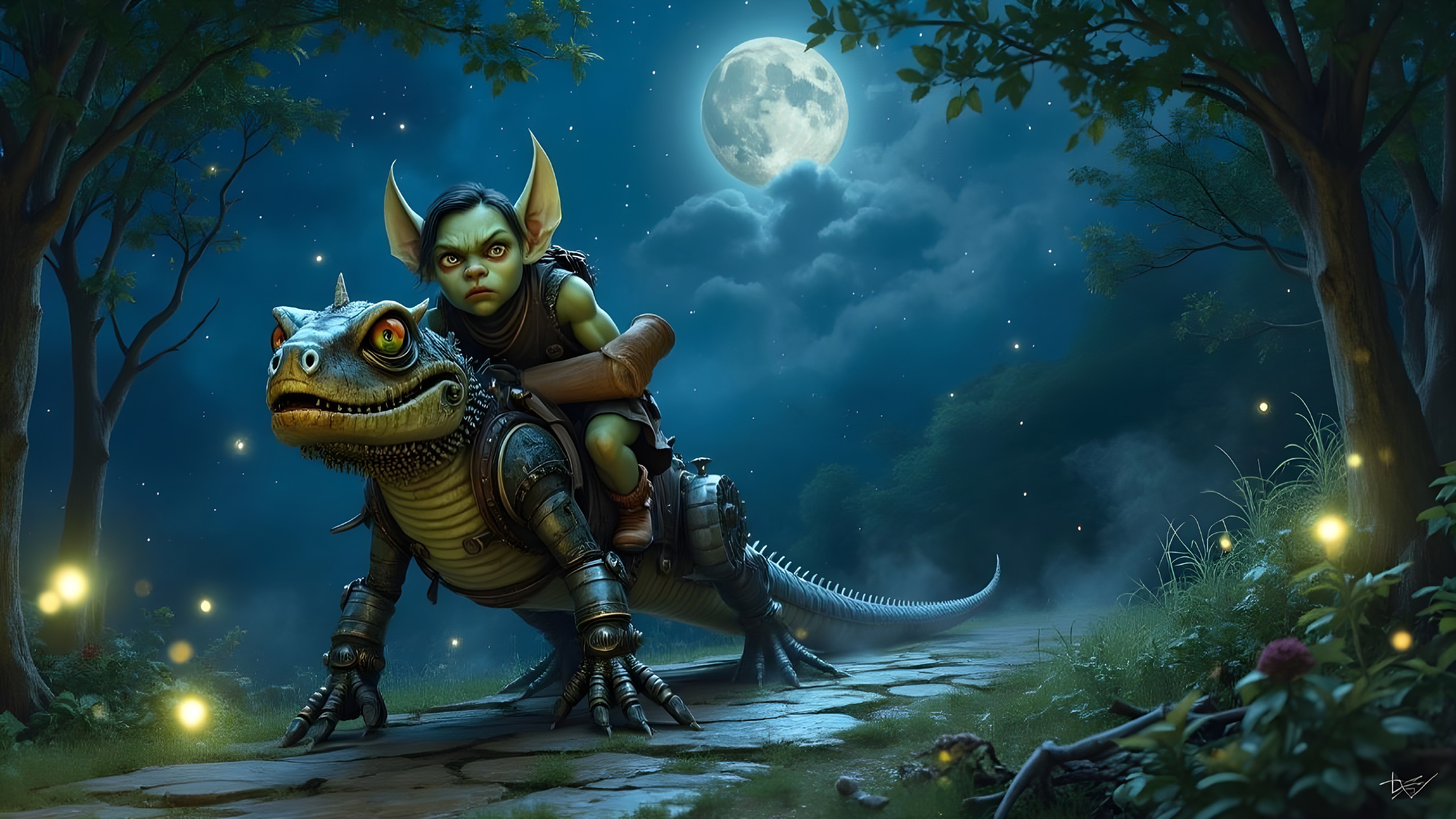 Goblin Riding Mechanical Lizard Under Moonlit Forest