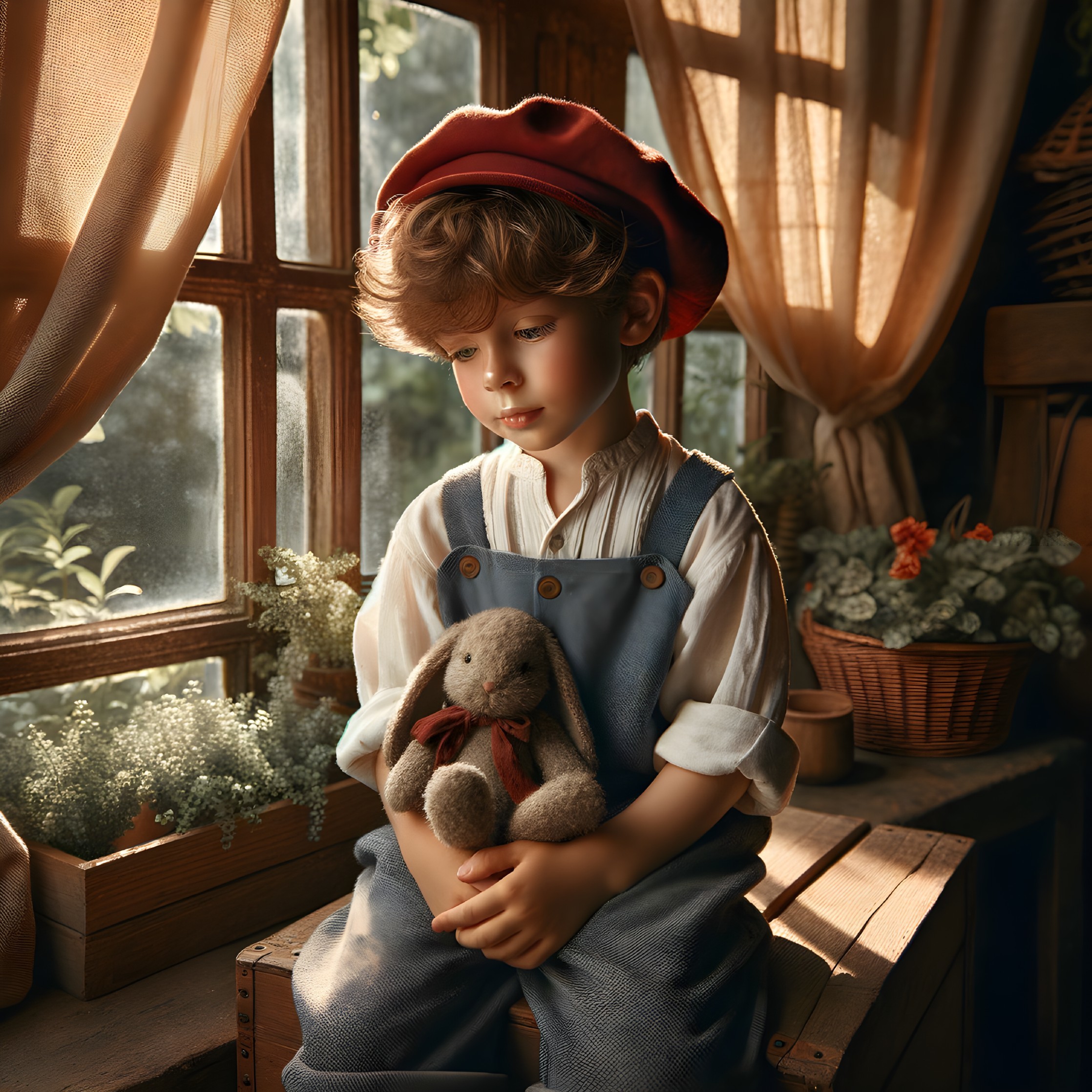 Child with Curly Hair in Sunlit Room Holding Bunny