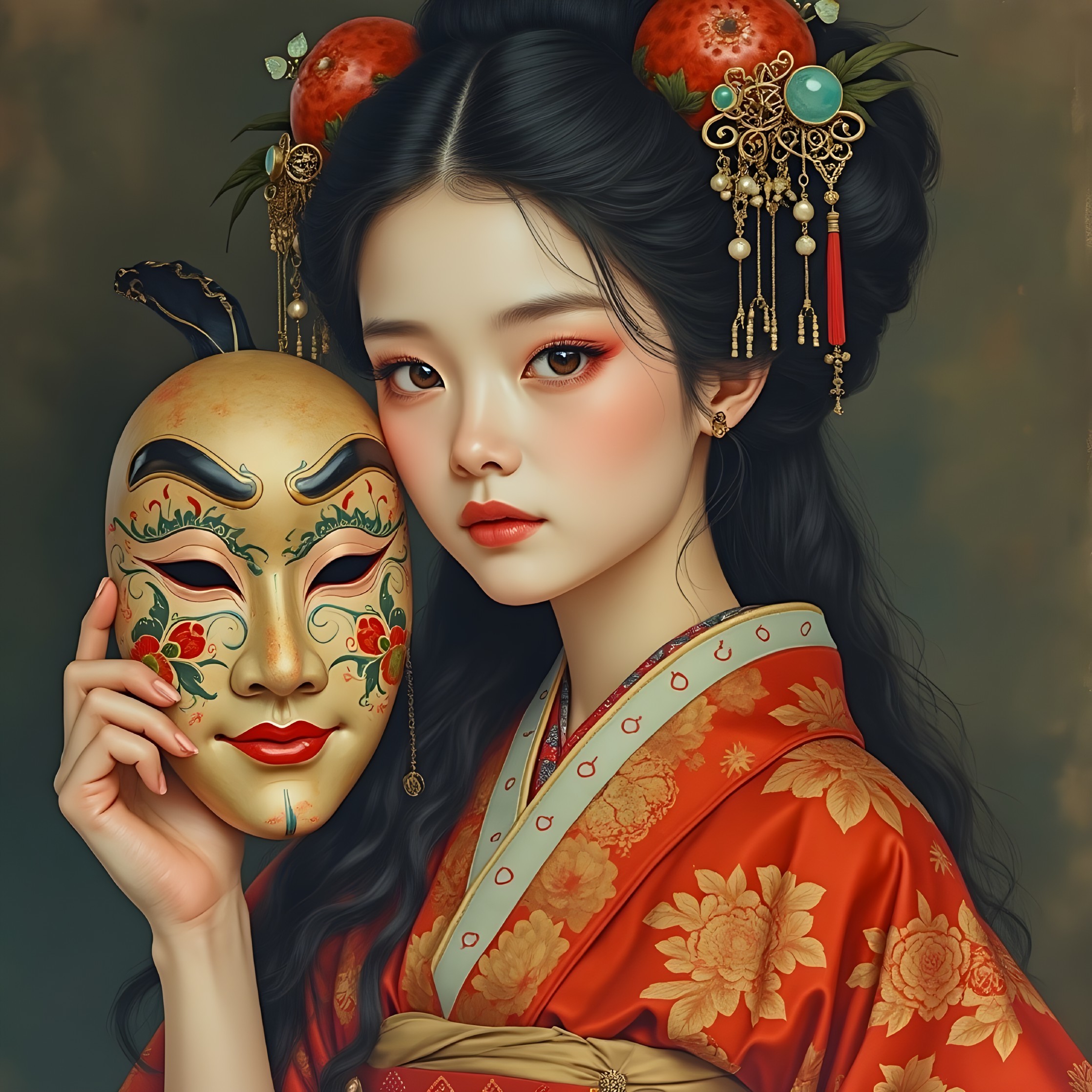 Young Woman in Red Kimono with Traditional Mask