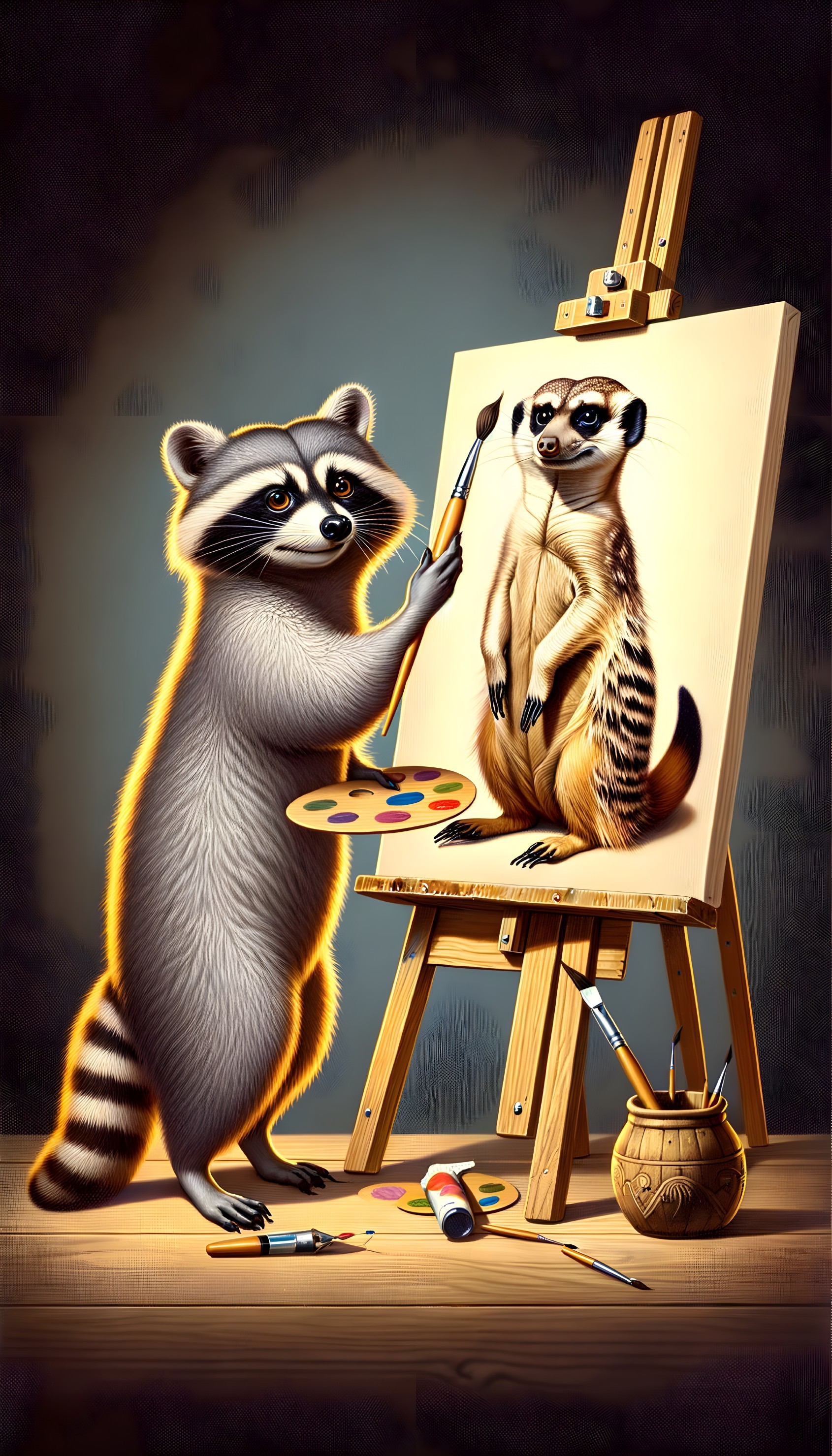 Raccoon painting portrait of meerkat with palette and brush
