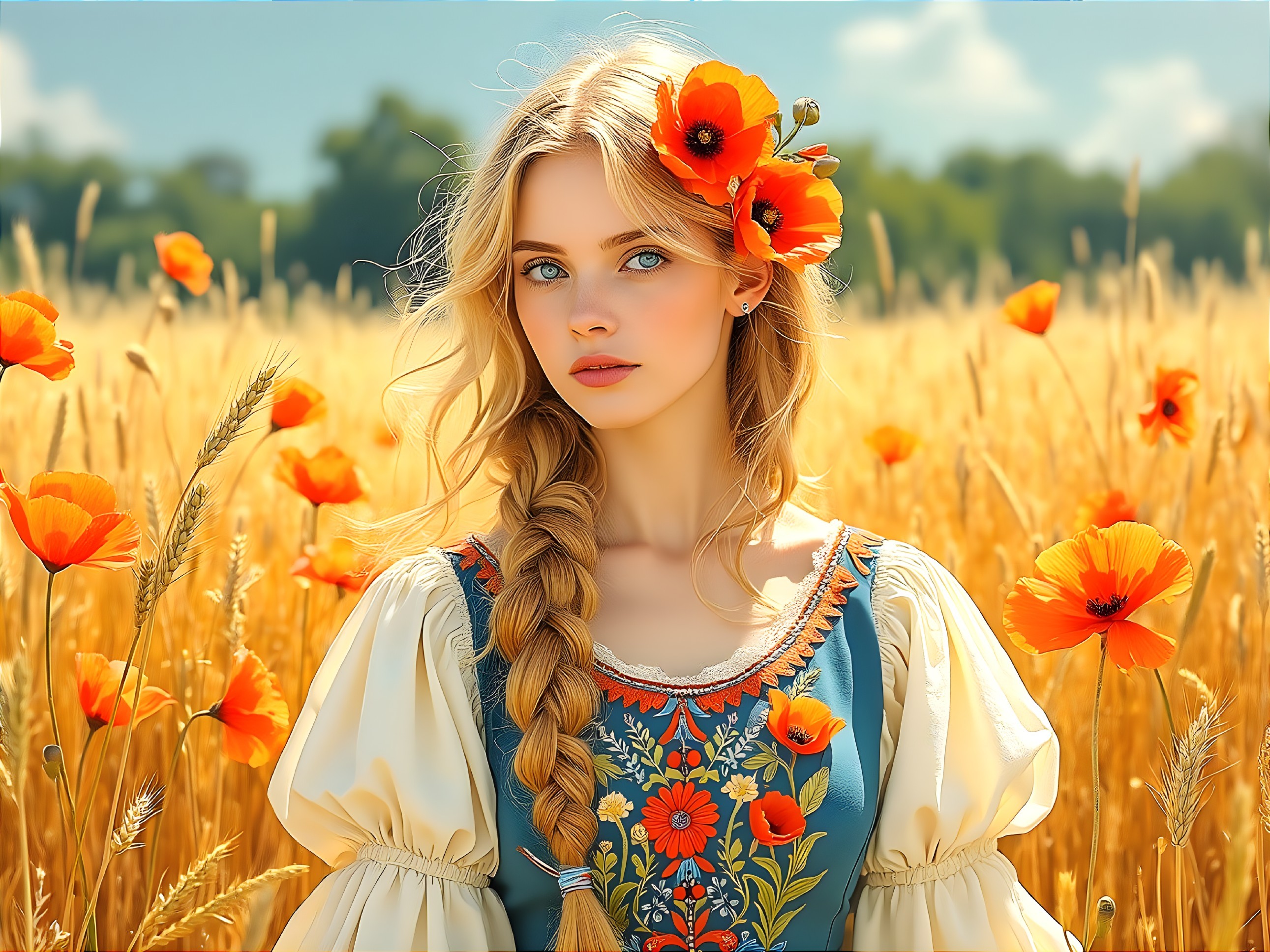 Young woman in wheat field with poppies and flowers