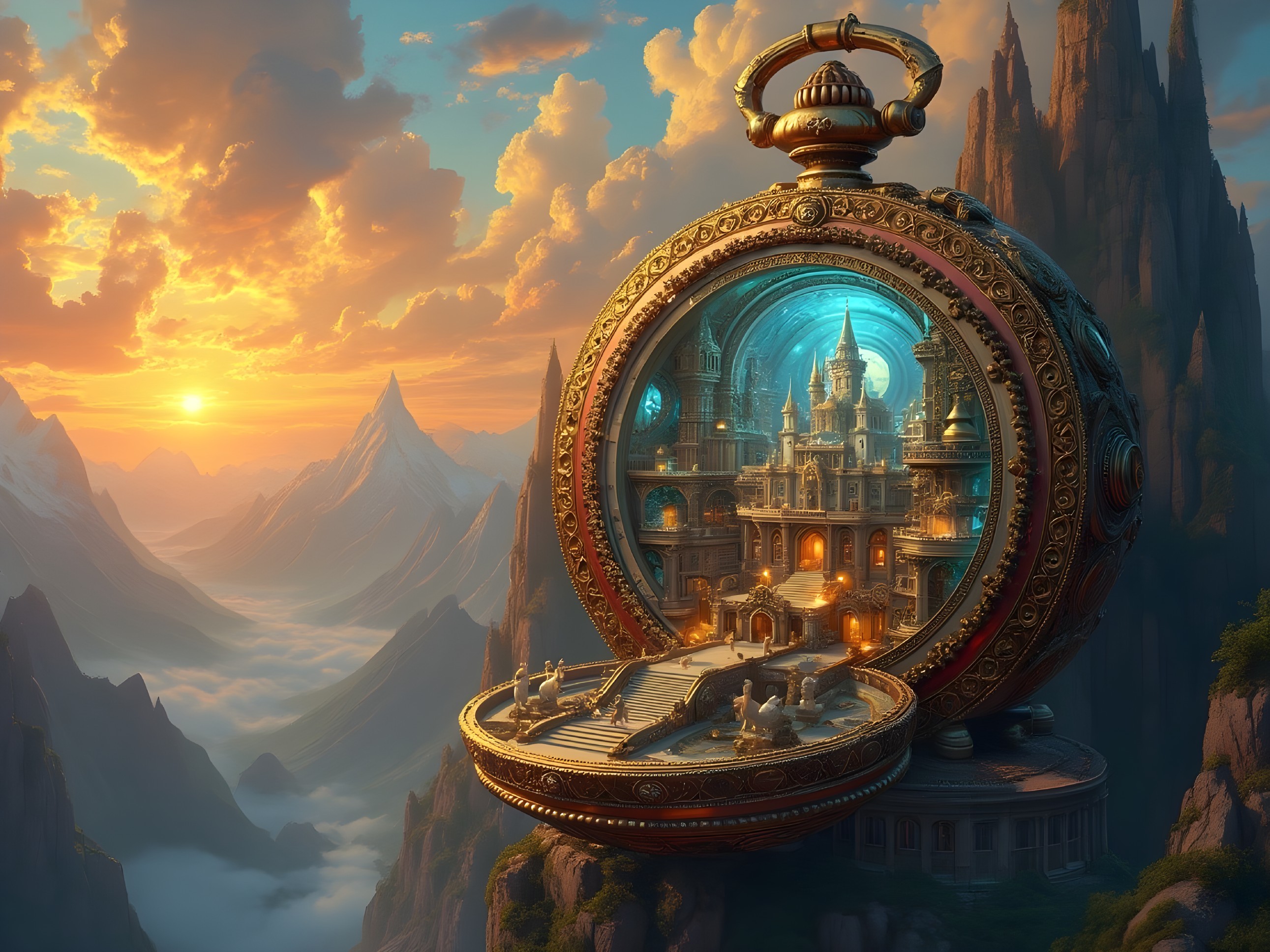 Golden Pocket Watch Revealing Enchanting Castle Scene