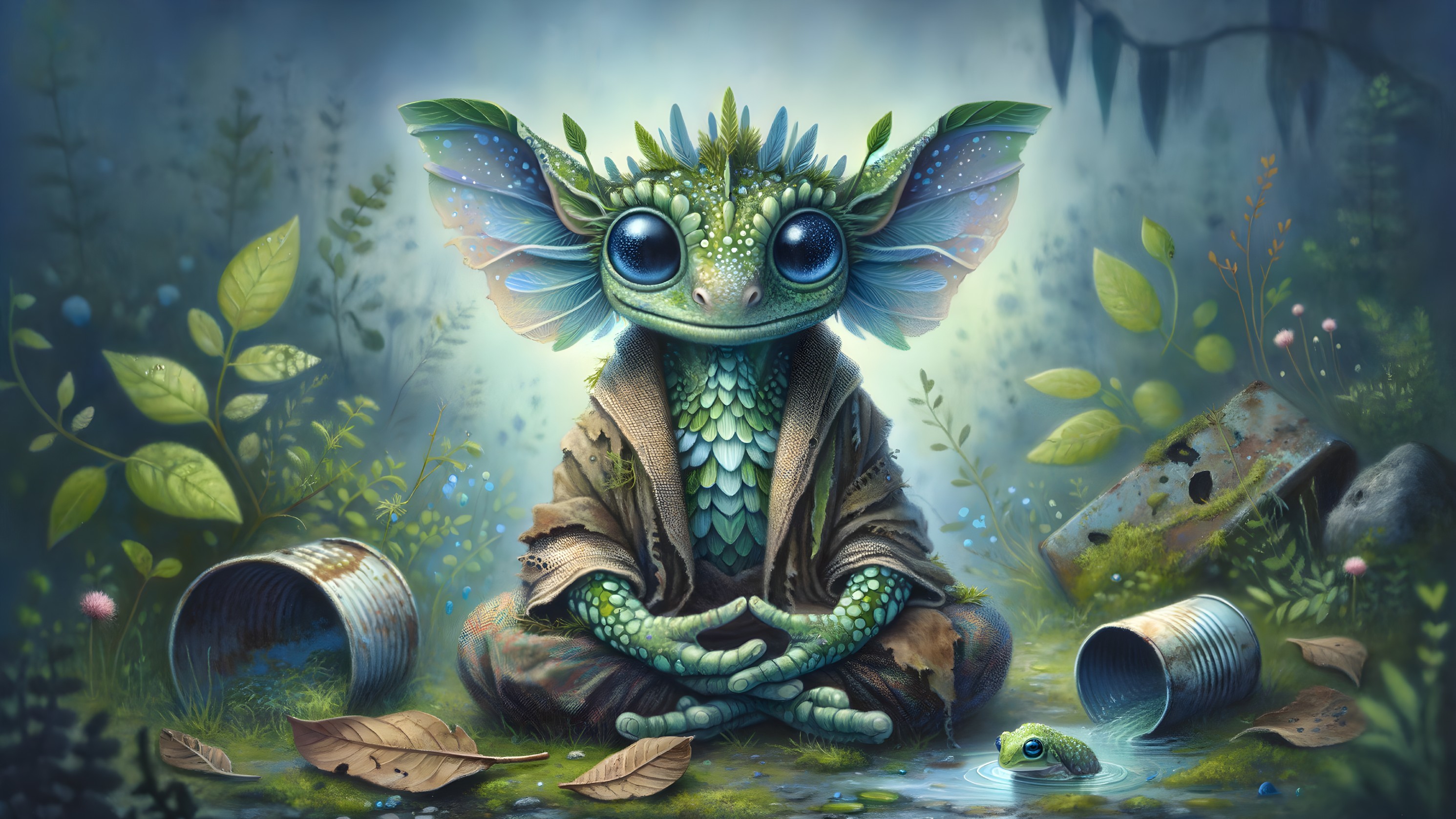 Whimsical Green Creature in Mystical Forest Setting