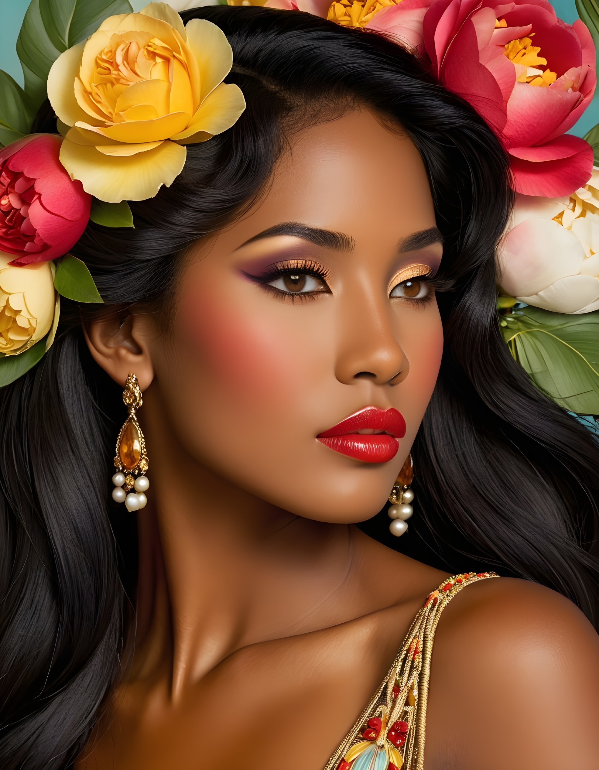 Woman with Flowers in Hair and Elegant Makeup