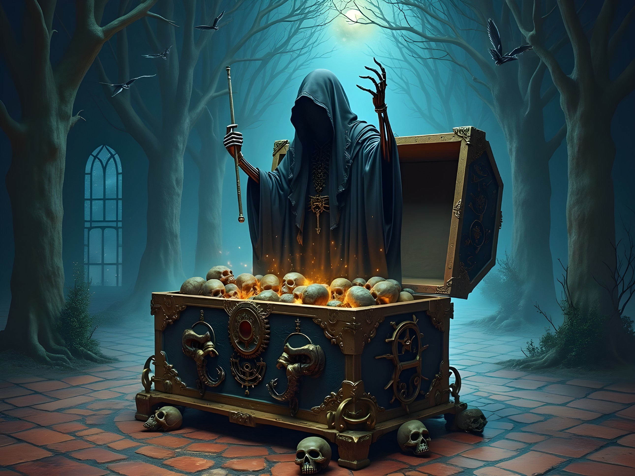 Shadowy Figure Over Ornate Treasure Chest with Skulls