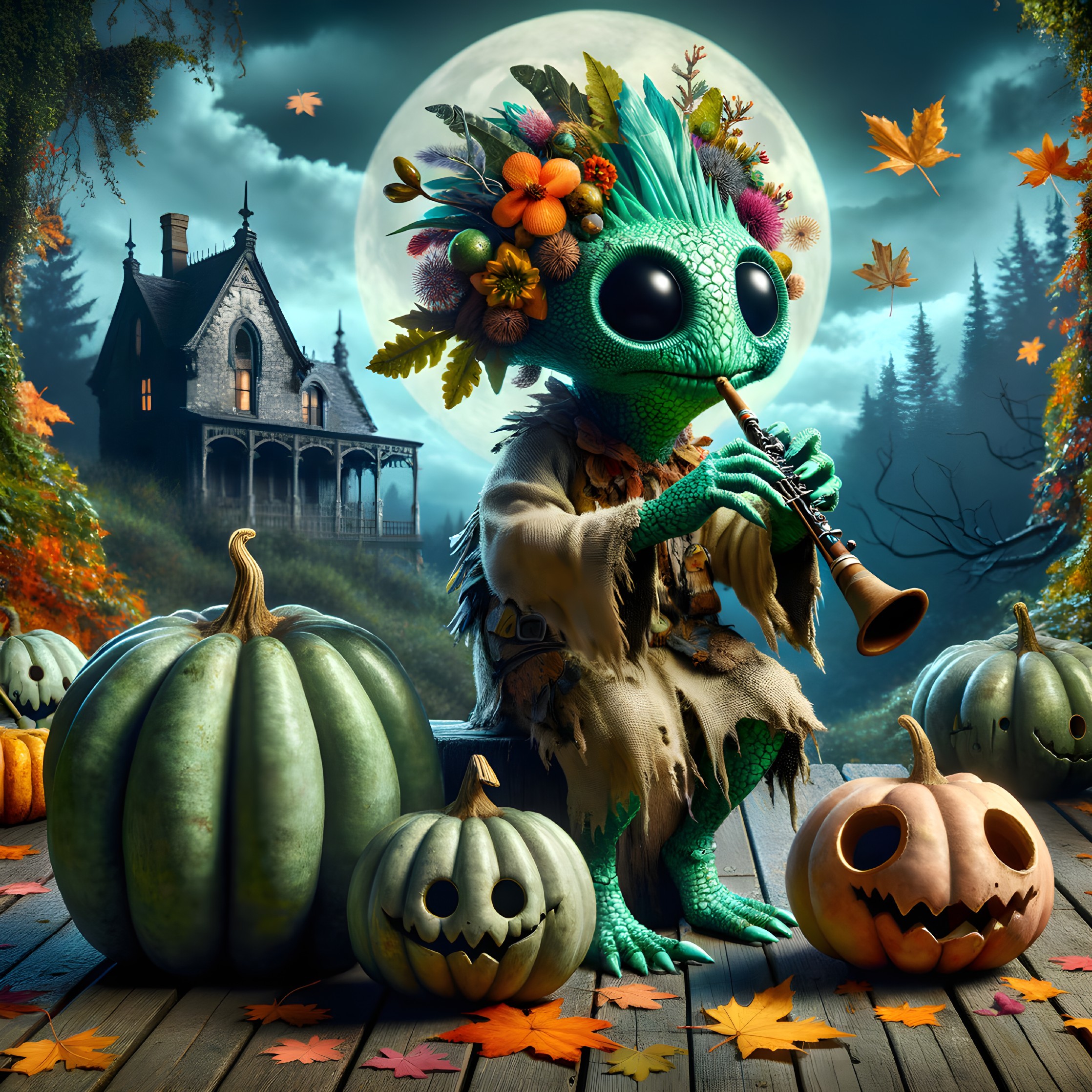 Whimsical Creature in Autumn Scene with Mansion and Pumpkins