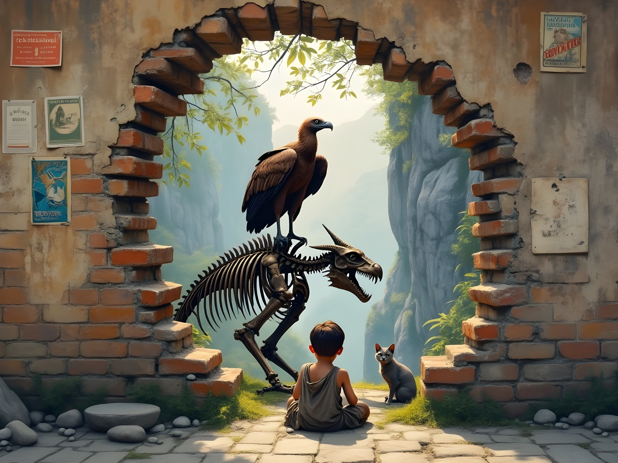 Young Boy Observes Dragon Skeleton in Lush Landscape