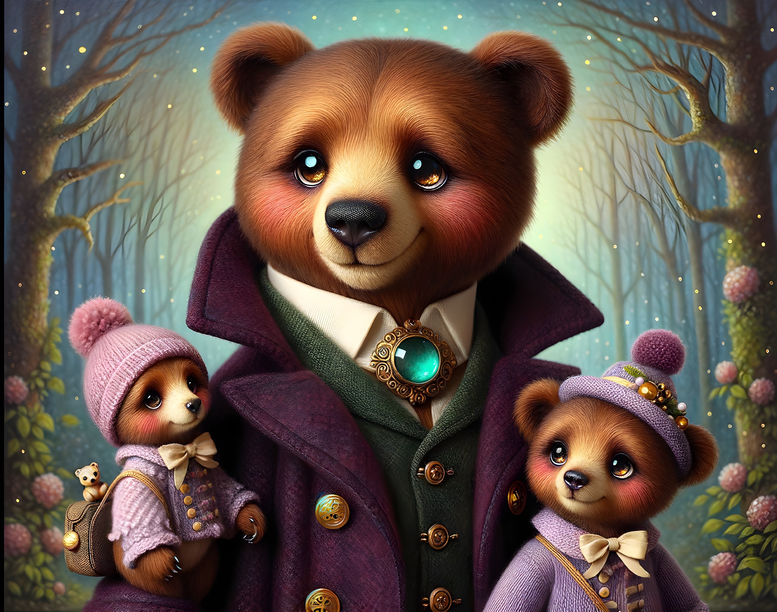 Charming Illustration of Bears in Enchanting Forest