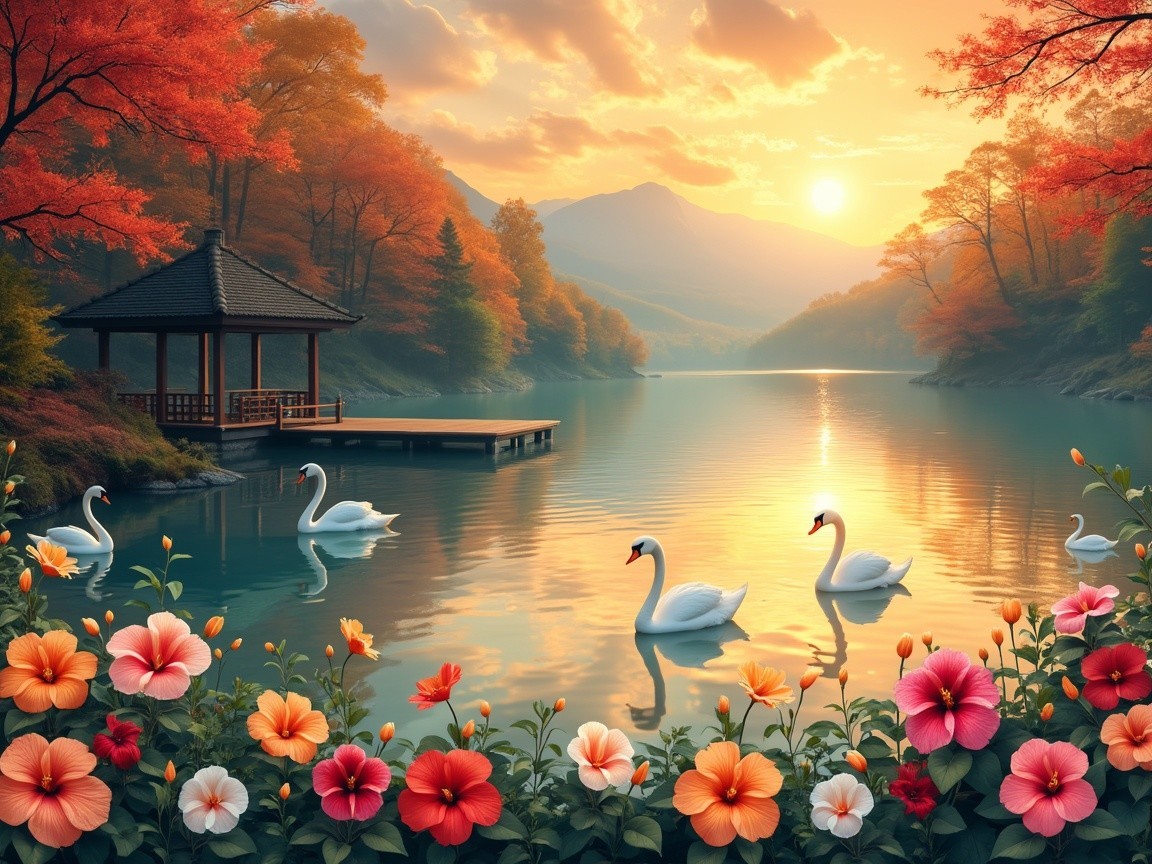 Autumn Landscape with Lake and Colorful Foliage