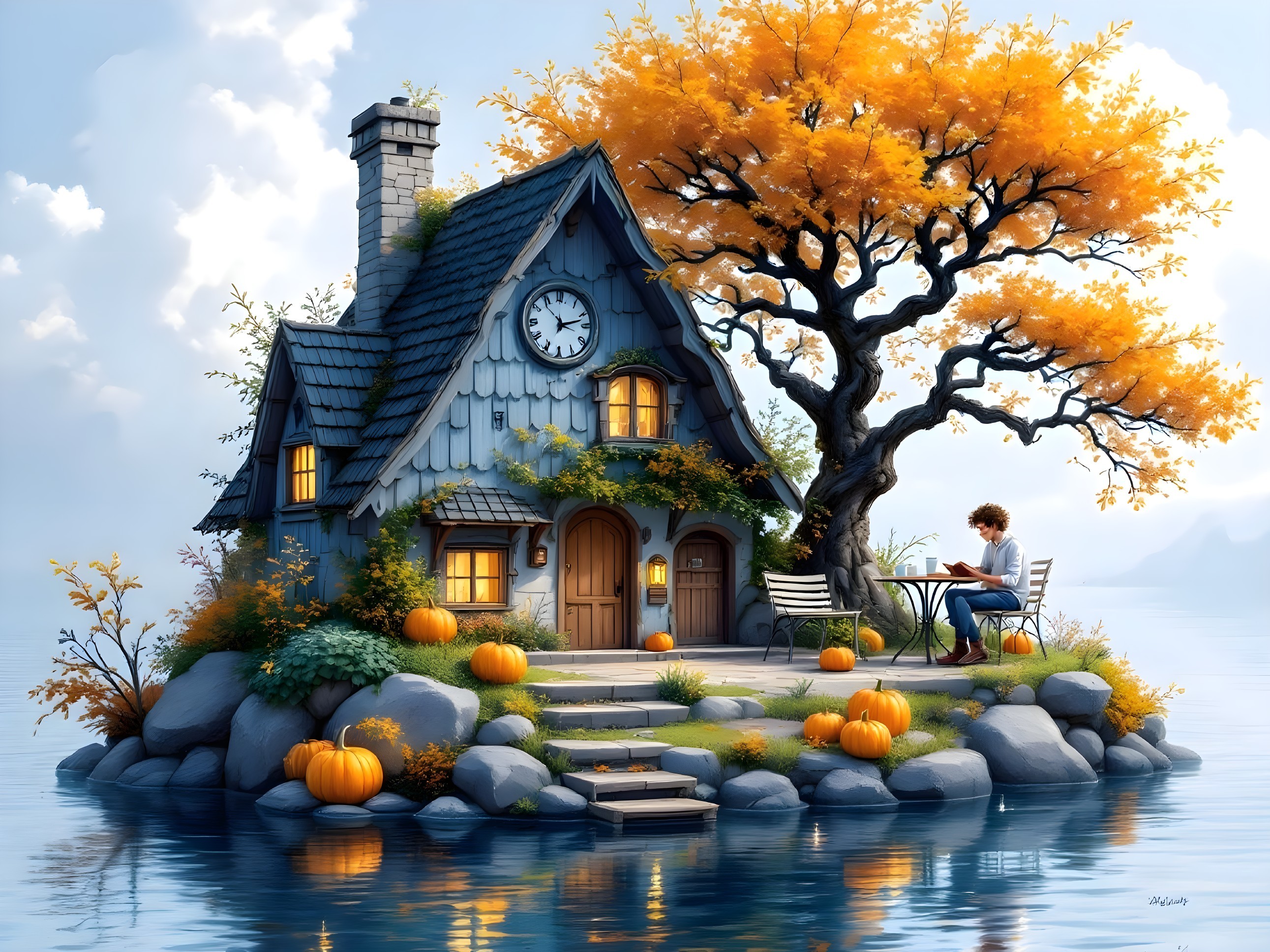 Whimsical Cottage on Rocky Island in Autumn Setting