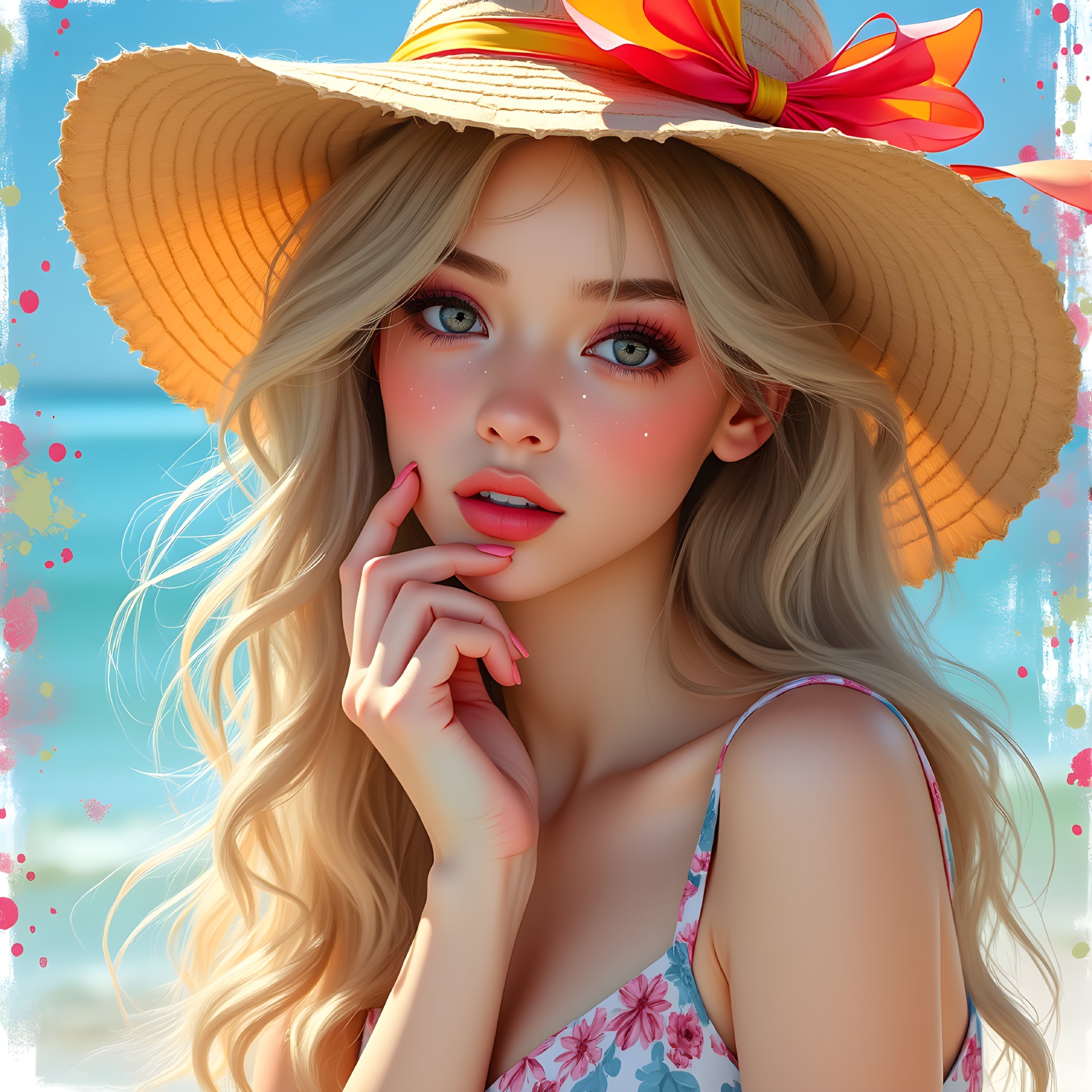 Young woman in floral dress at serene beach setting