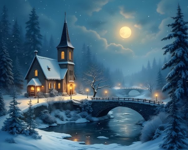 Serene Winter Scene with Church and Snowy Landscape