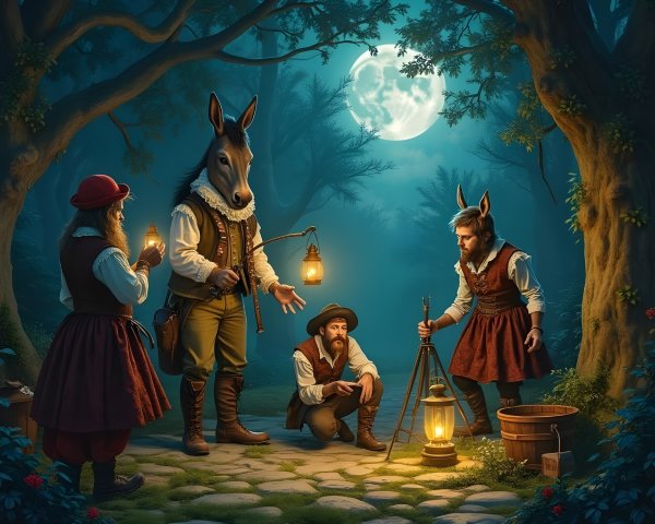 Whimsical Characters Gather in Moonlit Forest Scene
