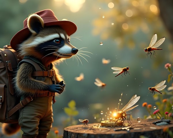 Raccoon in Forest with Fireflies and Treasure Chest