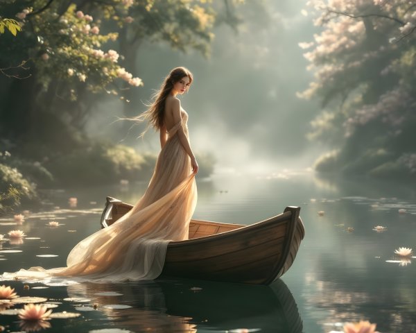 Young Woman in Wooden Boat on Tranquil River