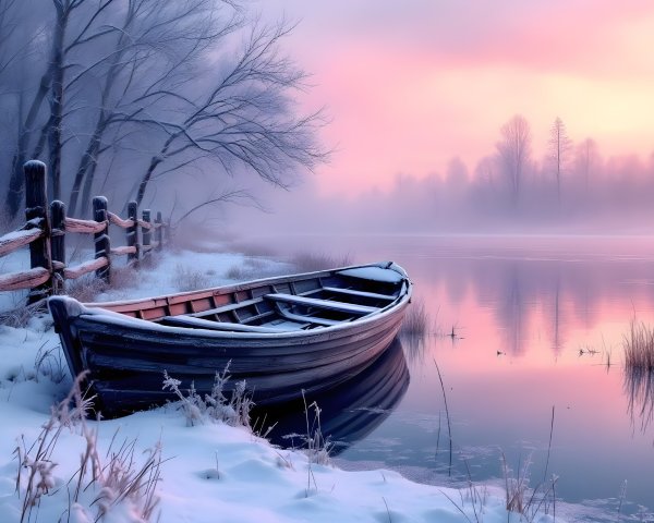 Tranquil winter scene by a misty river at sunrise