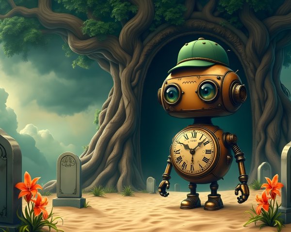 Whimsical Robot in Enchanted Graveyard Setting