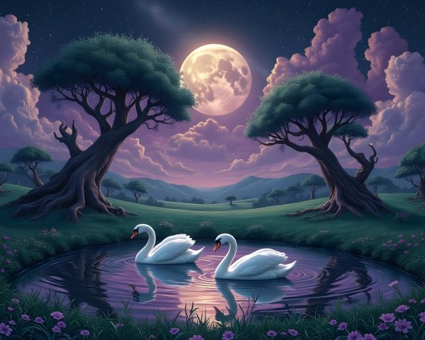 Tranquil Nighttime Scene with Swans on Reflective Pond