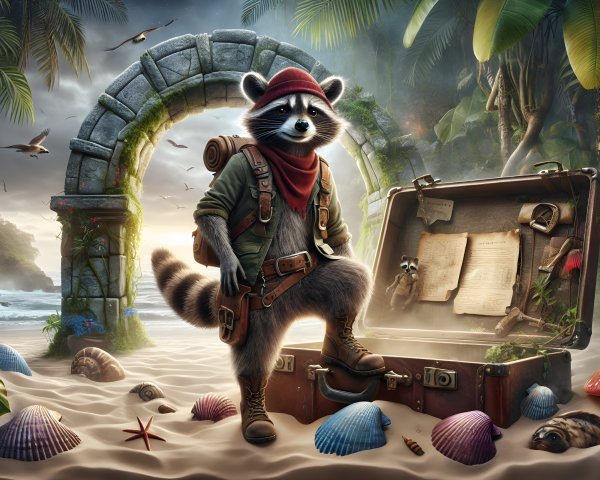 Raccoon Adventurer with Treasures in Tropical Setting