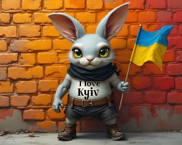 Cartoon Rabbit with Ukrainian Flag Against Brick Wall