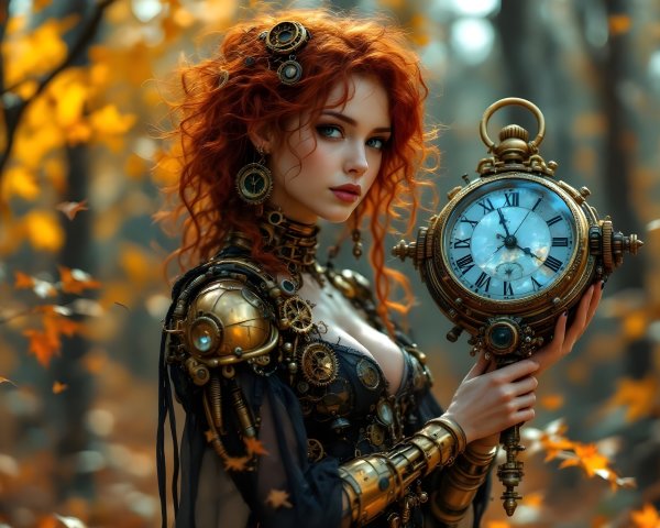 Mystical Forest Scene with Steampunk Woman and Clock
