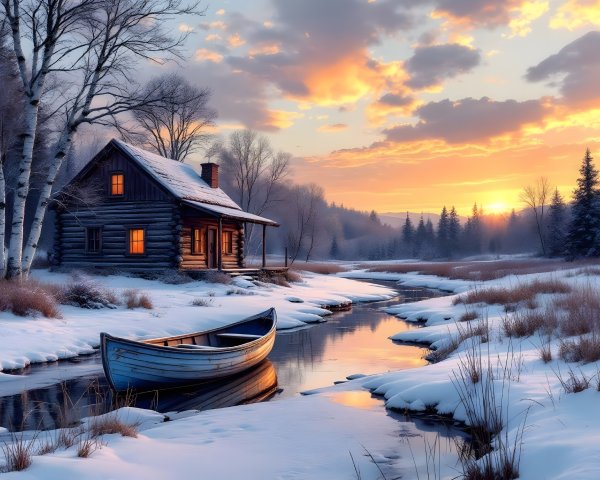 Cozy log cabin in serene winter landscape at sunset