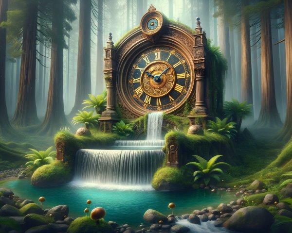 Ornate Clock in Mystical Forest with Waterfall and Pool